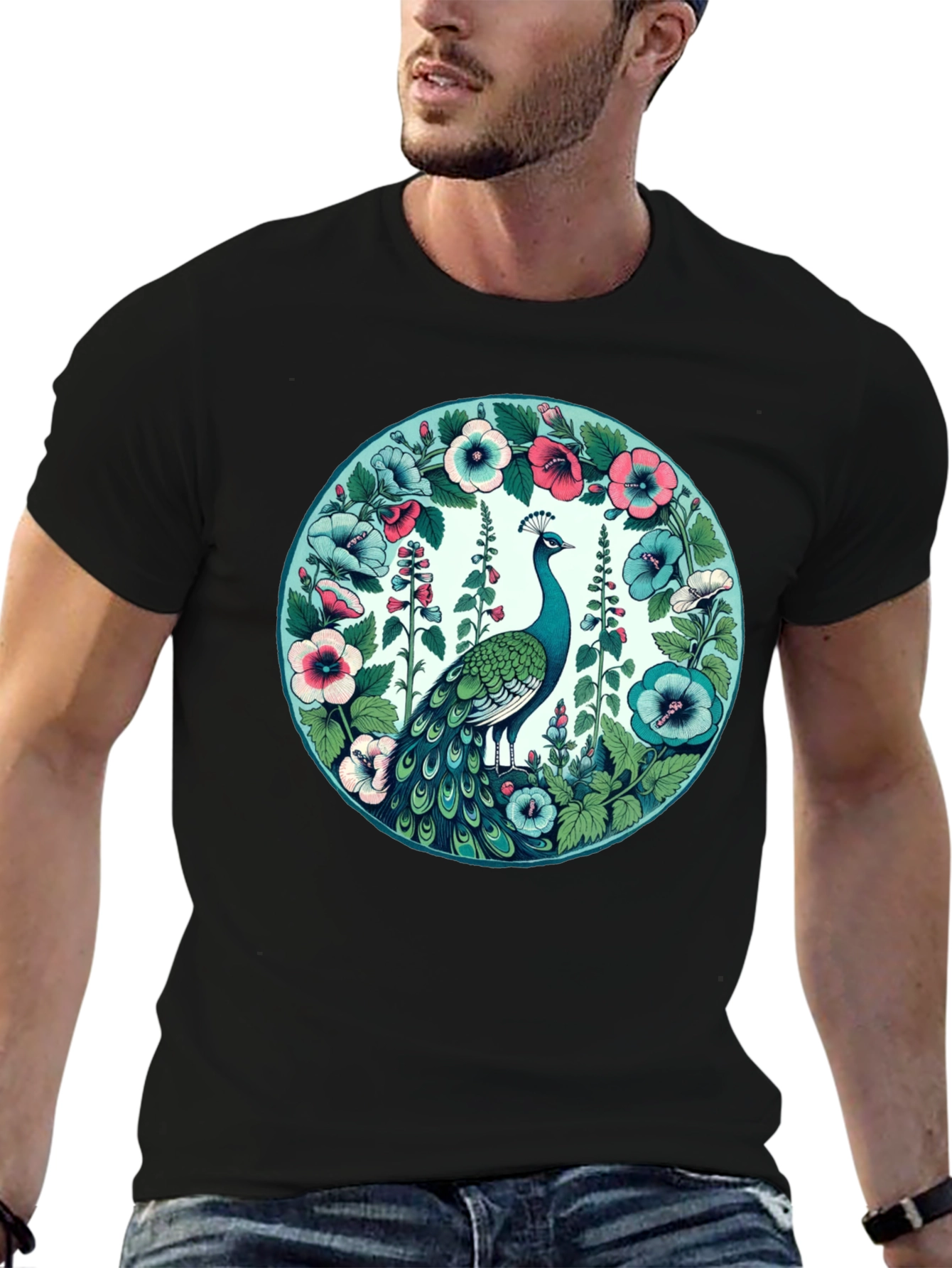 Black Peacock Floral Graphic Tee - Black Cotton T-Shirt view 6