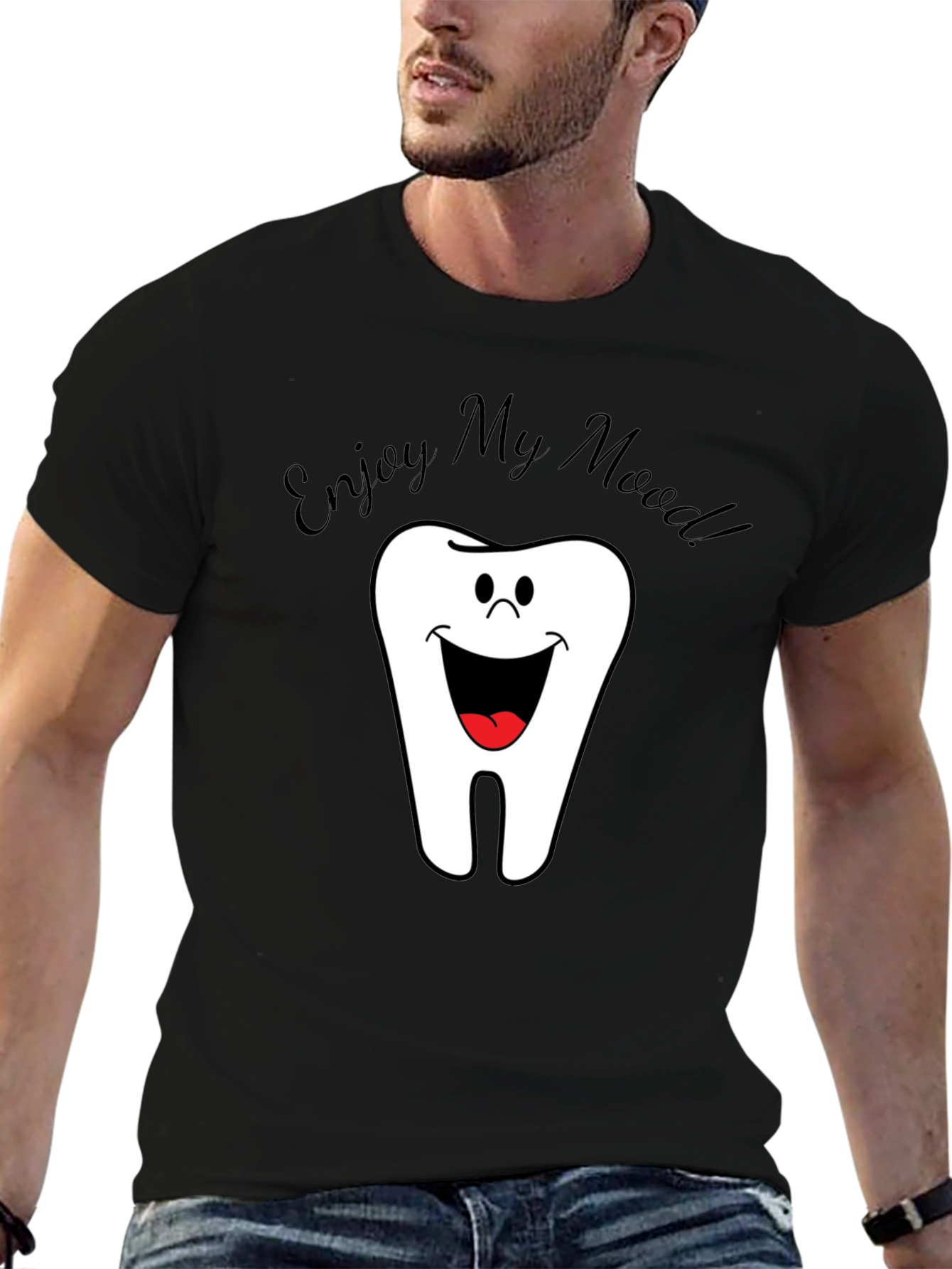 Black Funny Tooth Cartoon Men's Black T-Shirt view 6