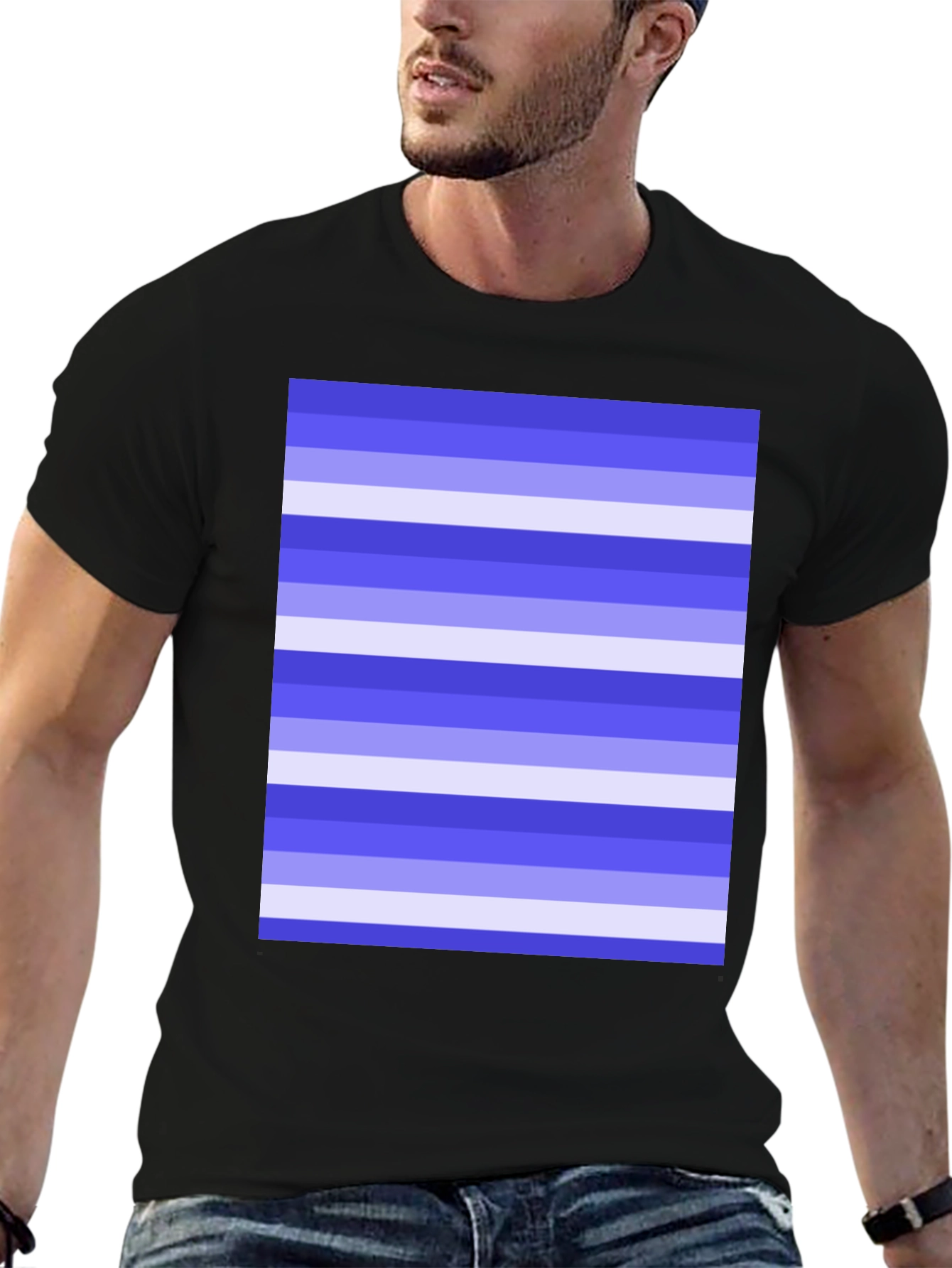 Black Striped Pattern Black Cotton Casual T-Shirt view 6