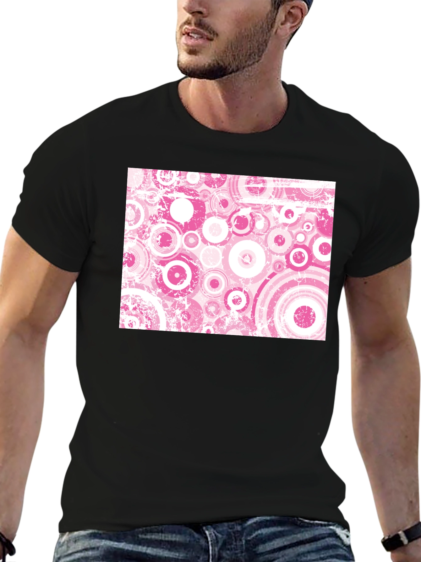 Black Retro Pink Circle Pattern Black T-Shirt view 6