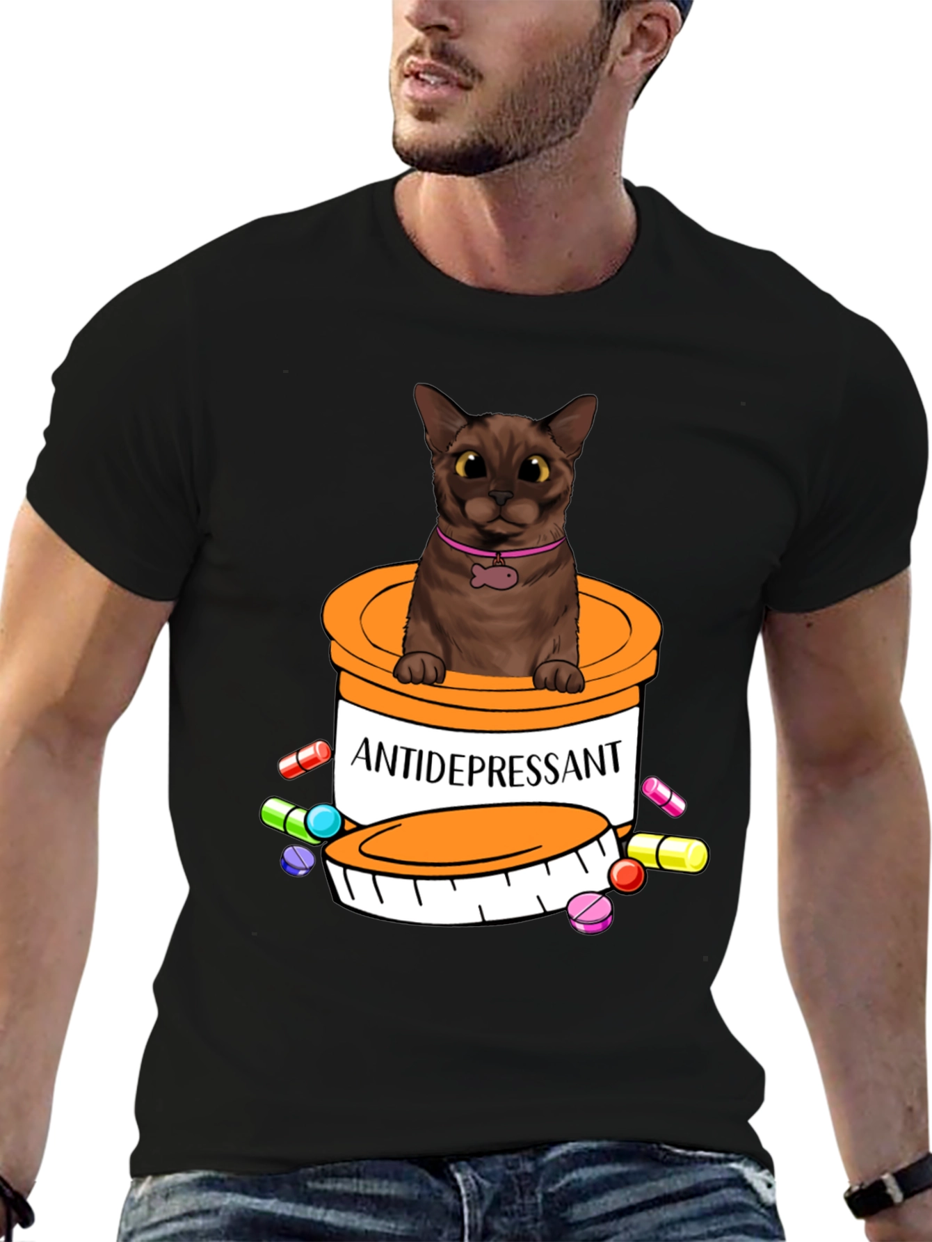 Black Cat Antidepressant Pill Bottle Graphic Tee view 6
