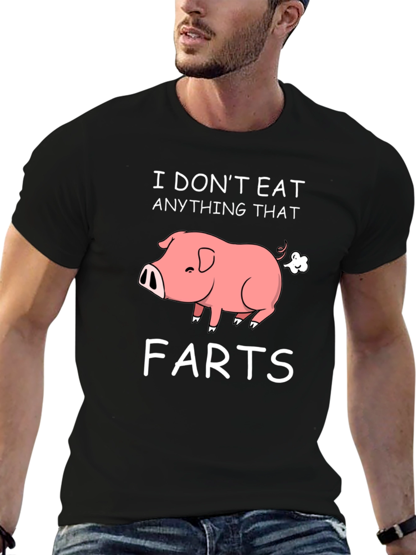 Black Funny Vegan Pig Farts T-Shirt view 6