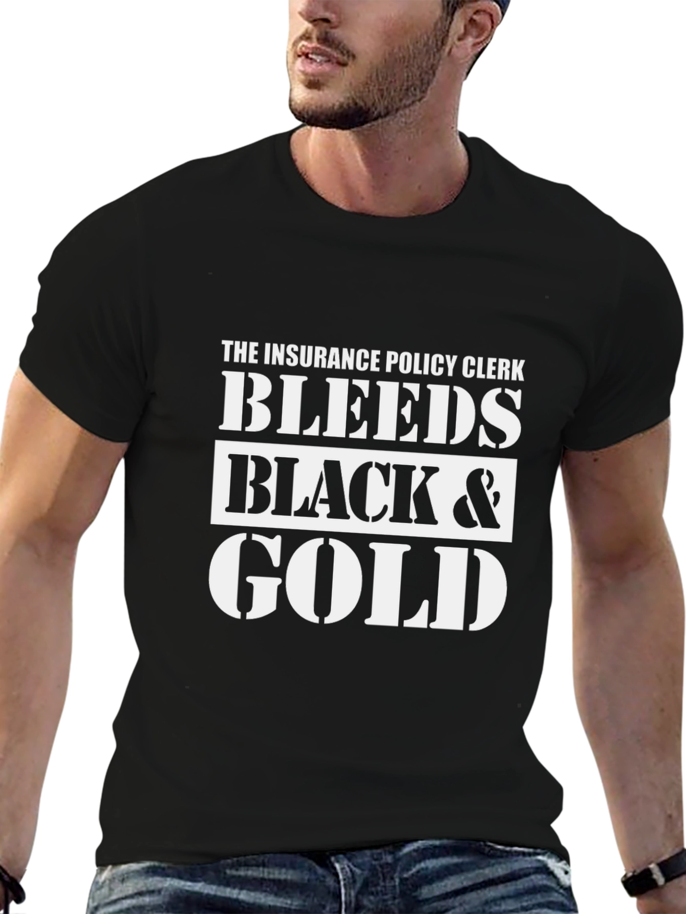 Black Insurance Policy Clerk Bleeds Black & Gold T-Shirt view 6