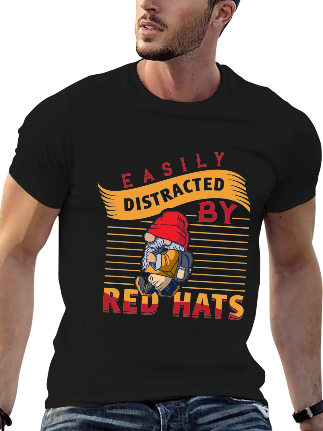 Black Easily Distracted by Red Hats T-Shirt - Novelty Gnome Design view 6