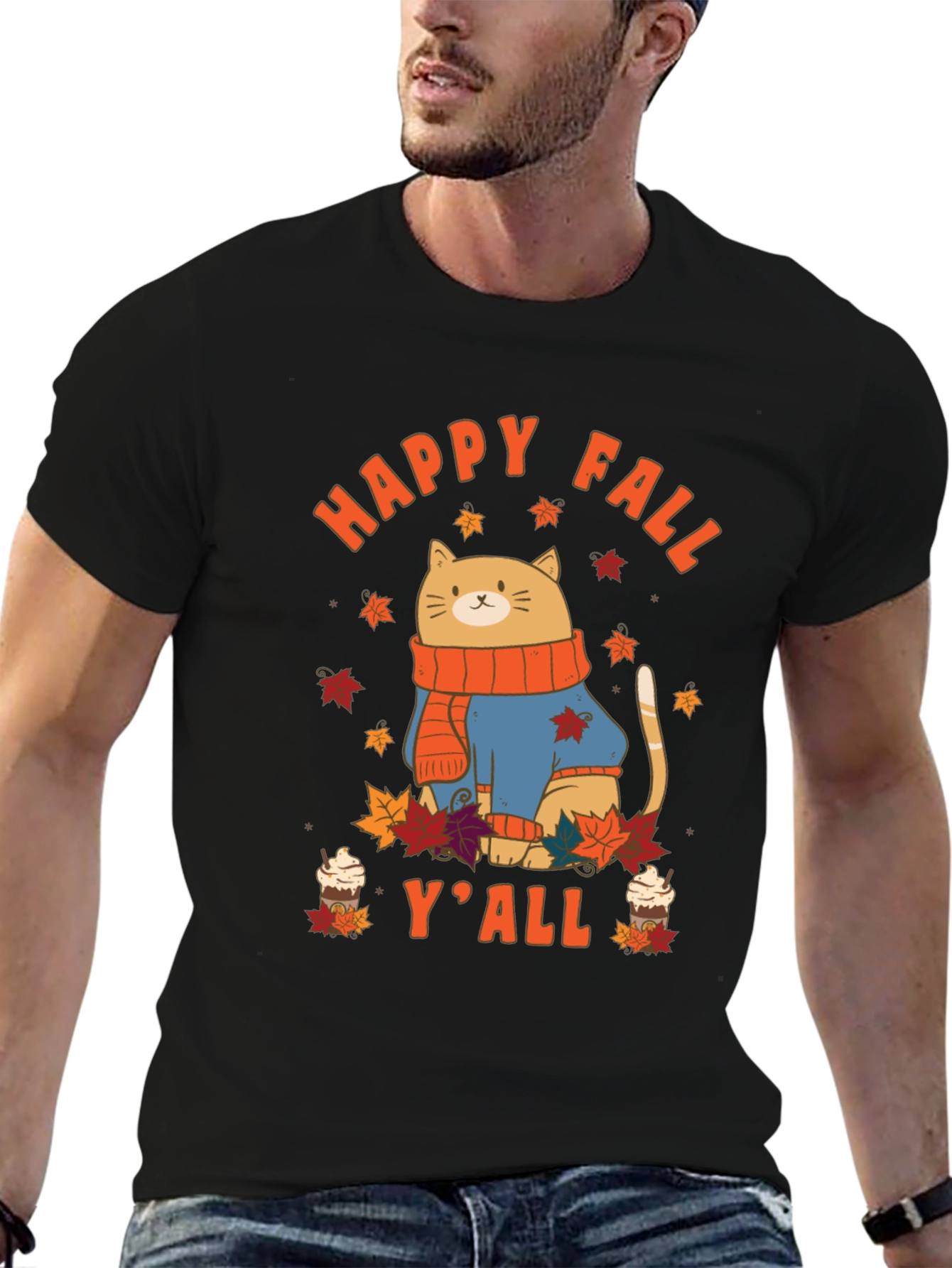 Black Happy Fall Y'all Cat T-Shirt view 6