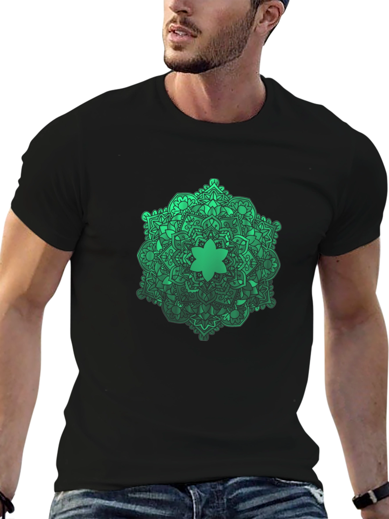 Black Green Mandala Graphic Black T-Shirt view 6