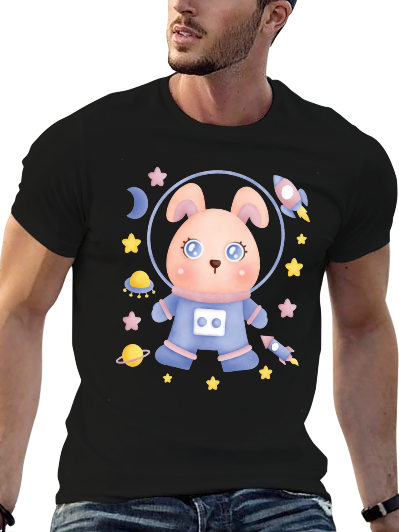 Black Cute Astronaut Rabbit T-Shirt view 6