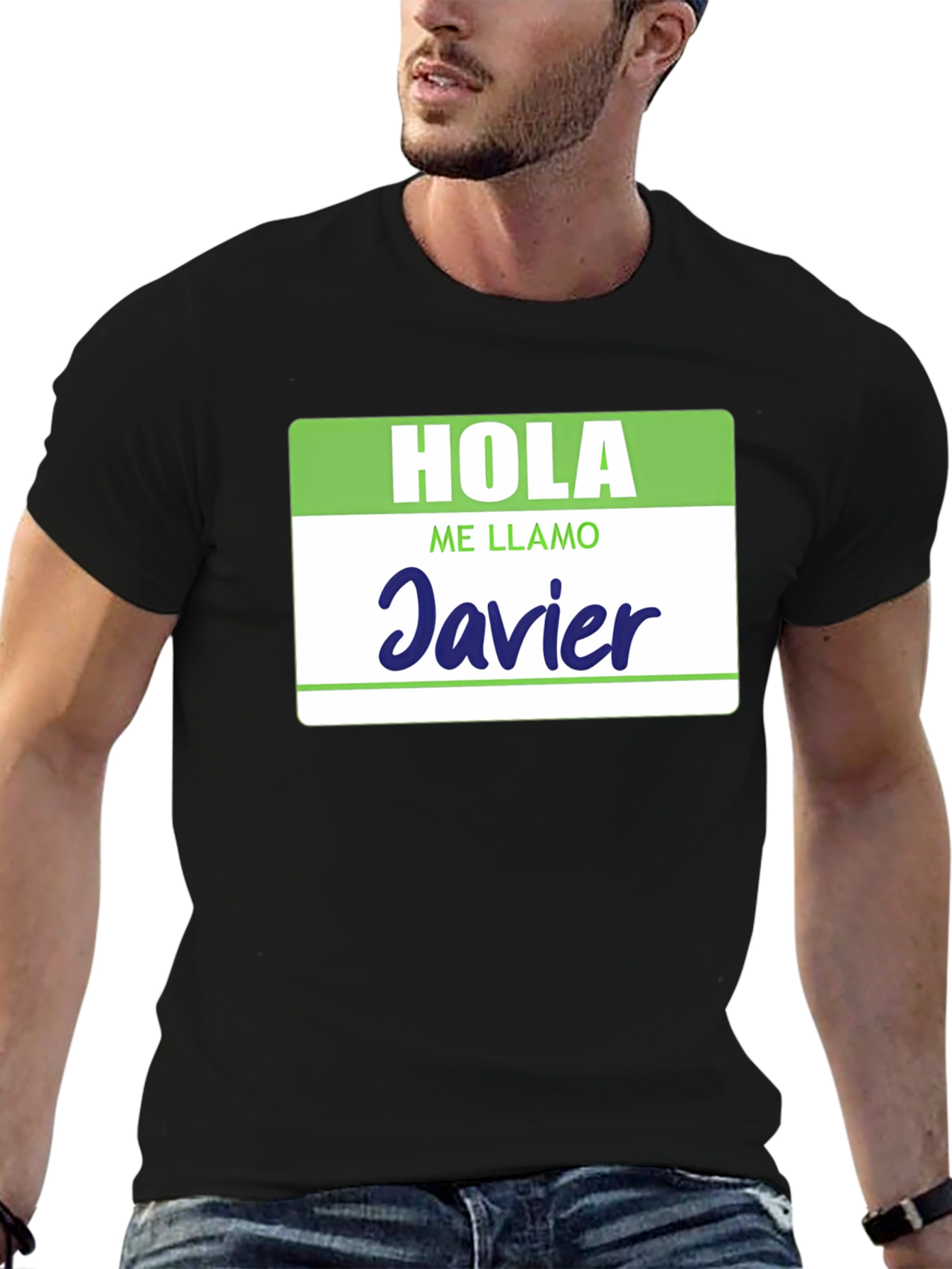 Black Hola Me Llamo Javier T-Shirt - Spanish Name Tag Tee view 6