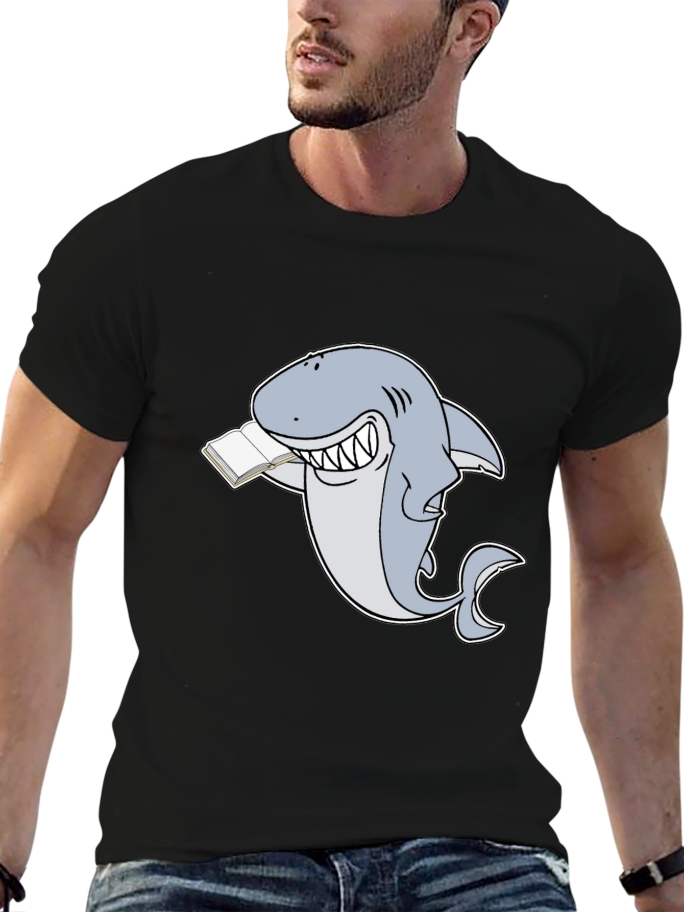 Black Funny Reading Shark T-Shirt - Black view 6