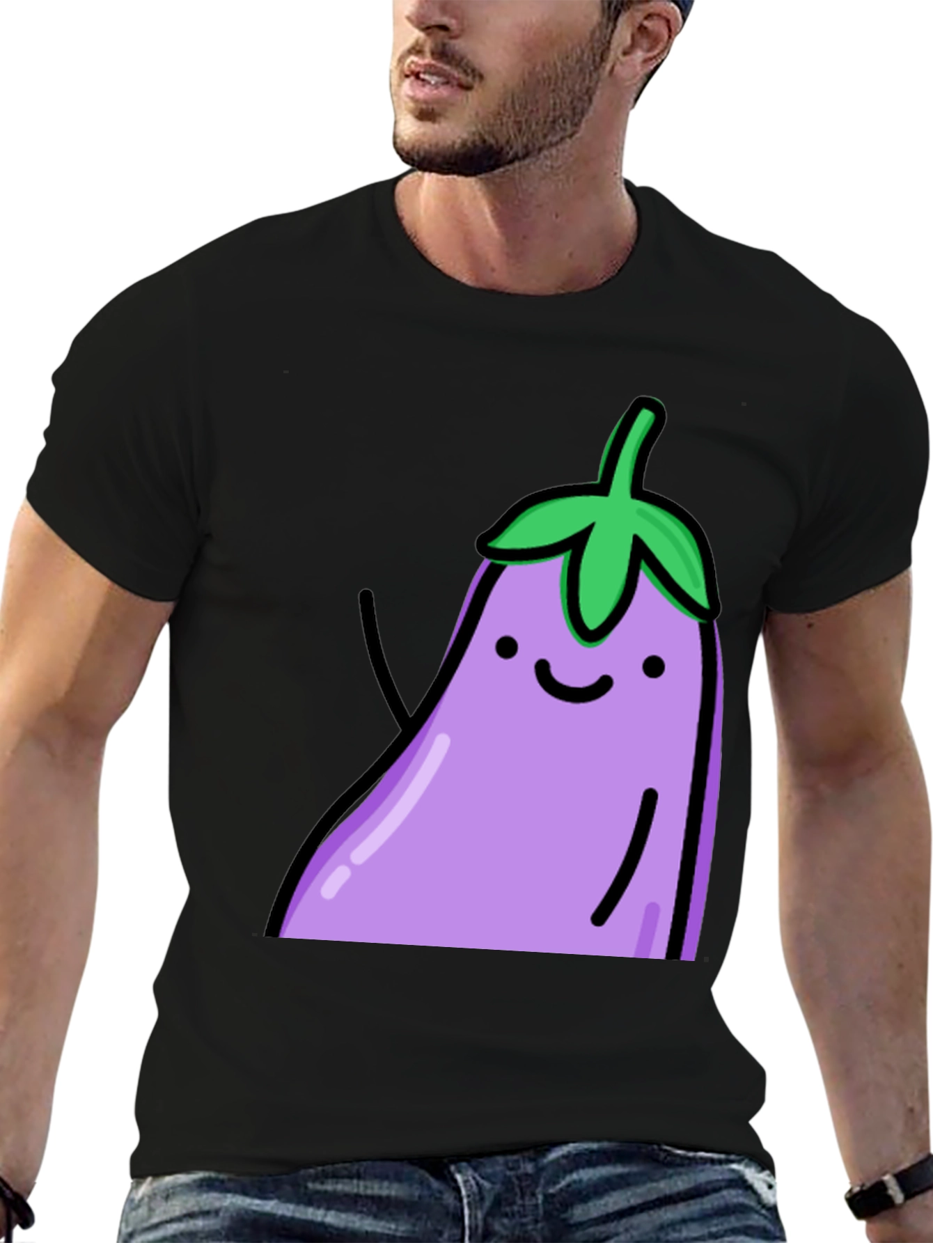 Black Cute Eggplant Graphic Print Black T-Shirt view 6