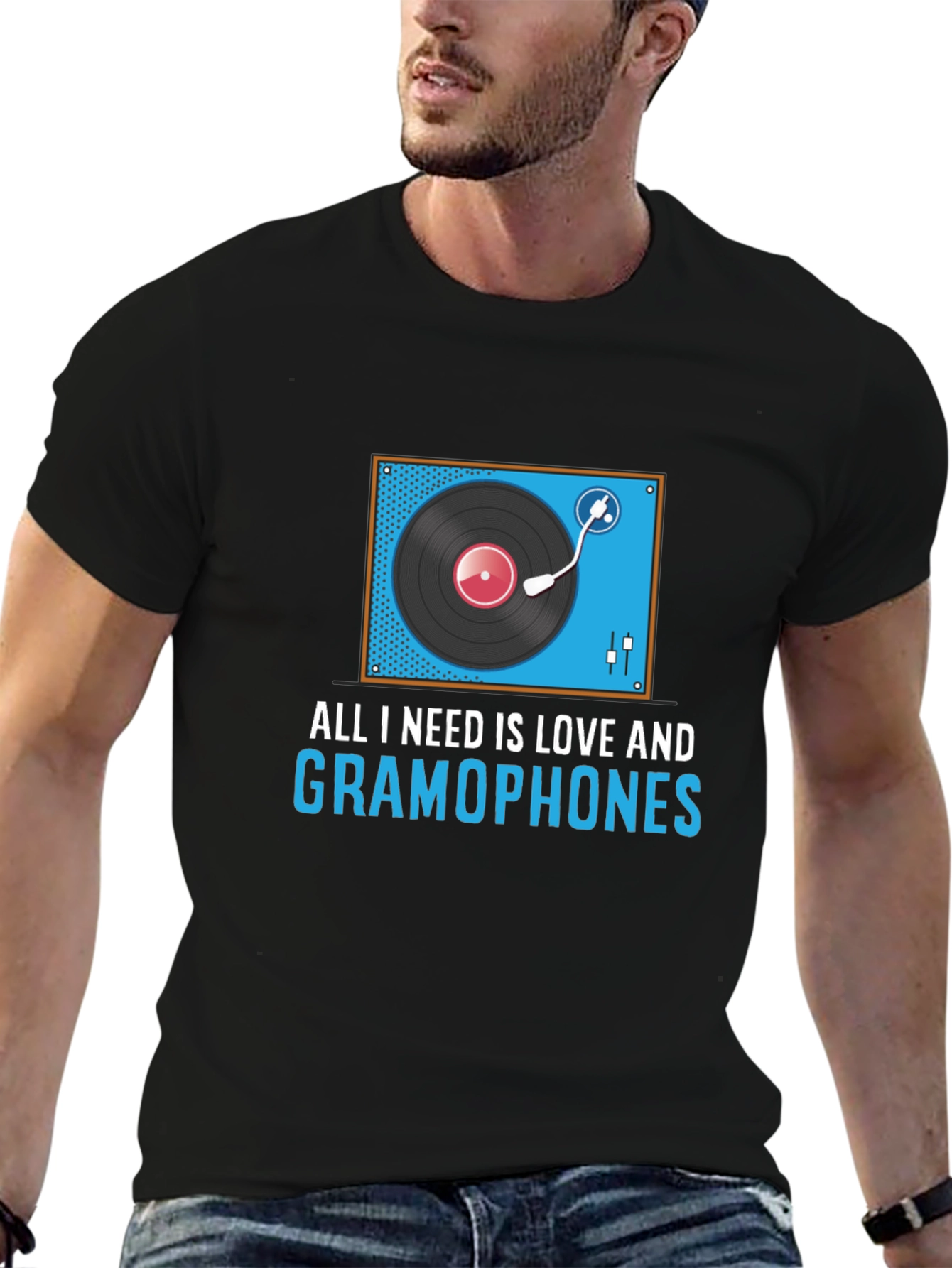 Black All I Need Is Love And Gramophones Graphic Tee view 6