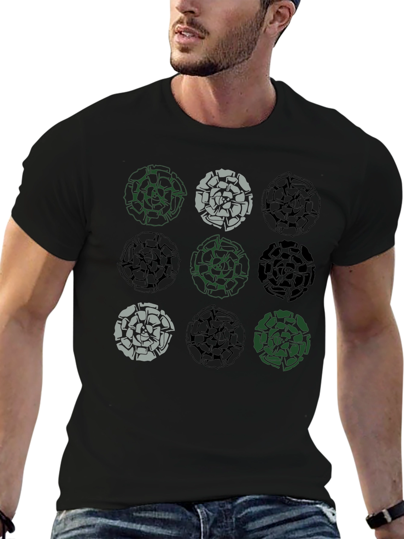 Black Floral Rose Graphic Print Men's T-Shirt - Black view 6