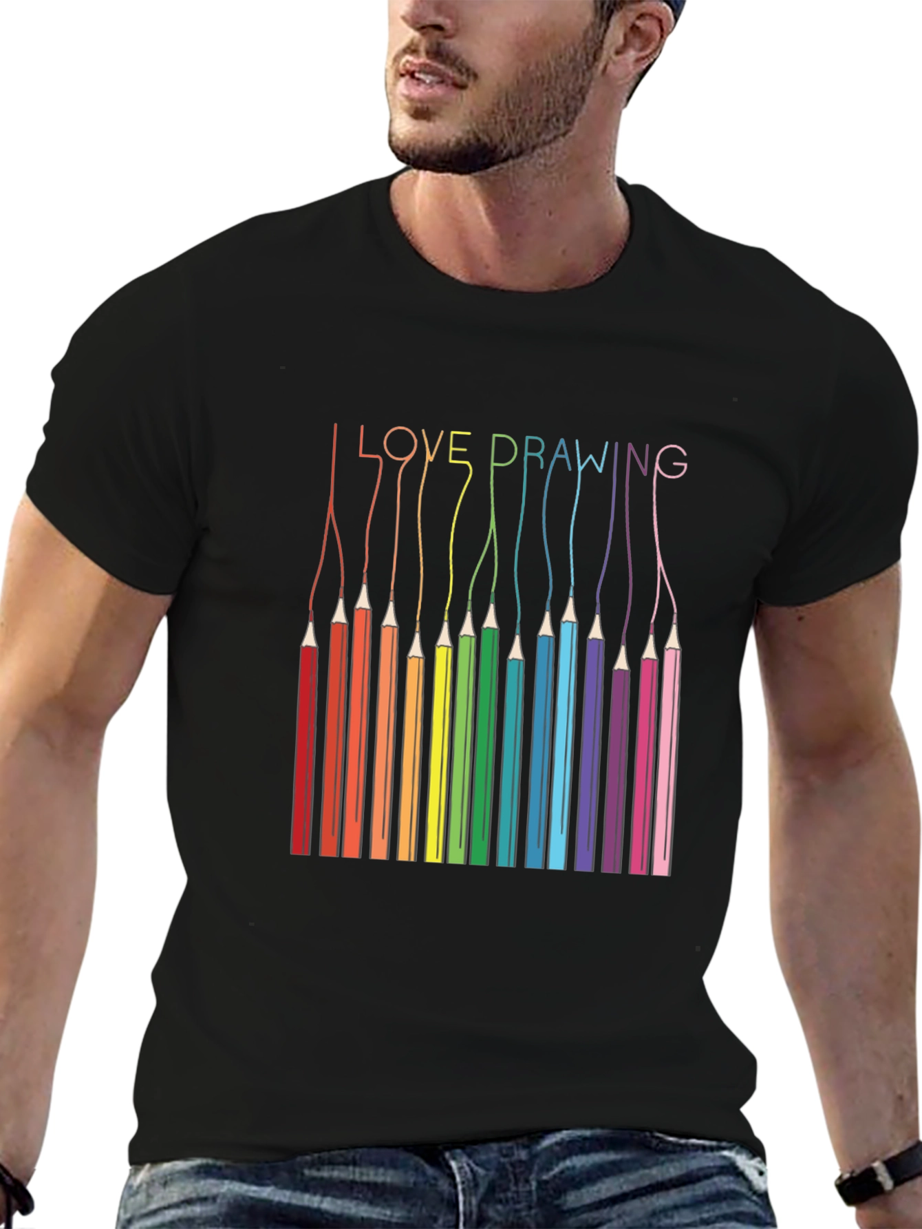 Black I Love Drawing T-Shirt - Rainbow Pencils view 6