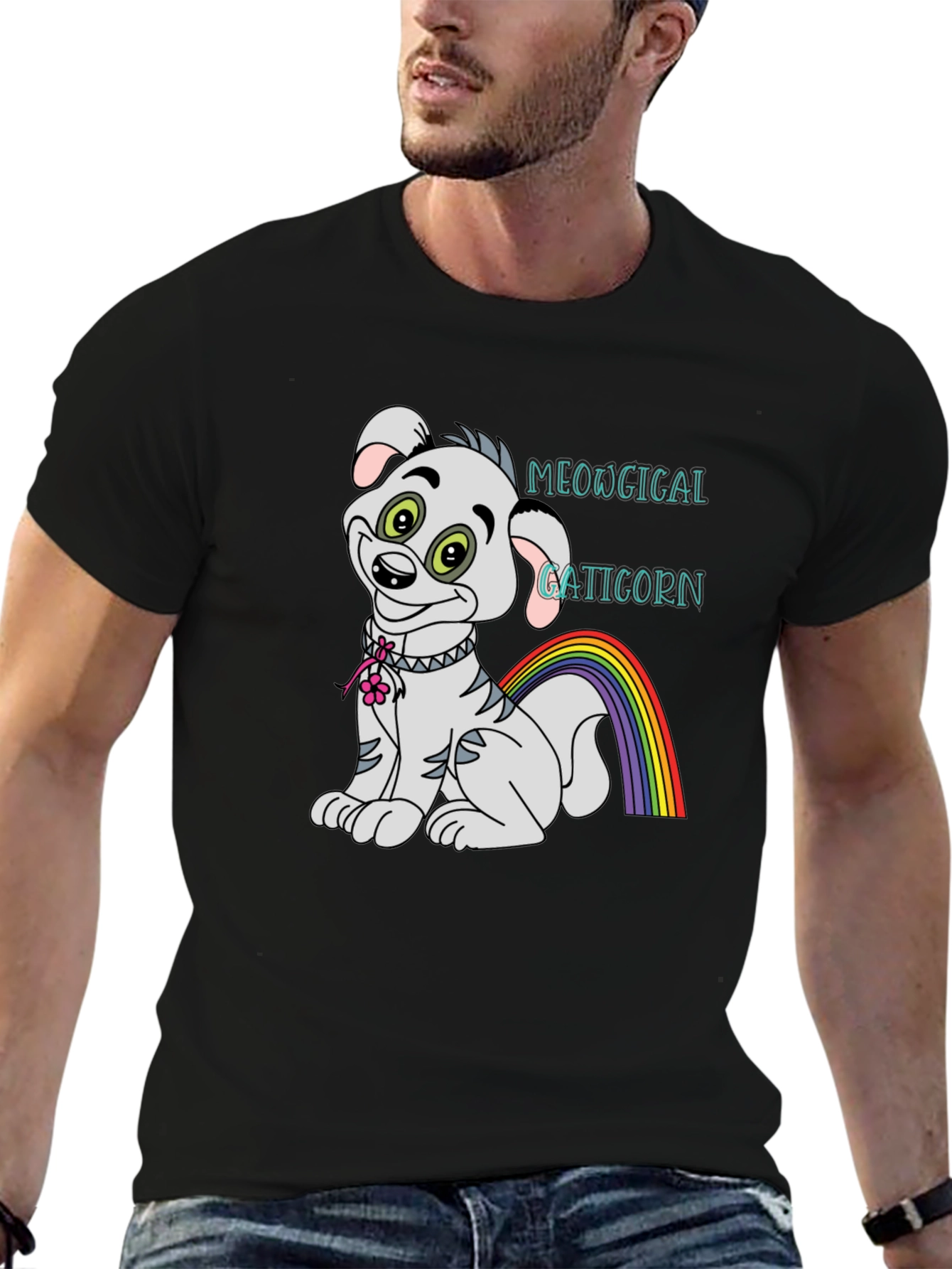Black Meowgical Gaticorn Black T-Shirt view 6