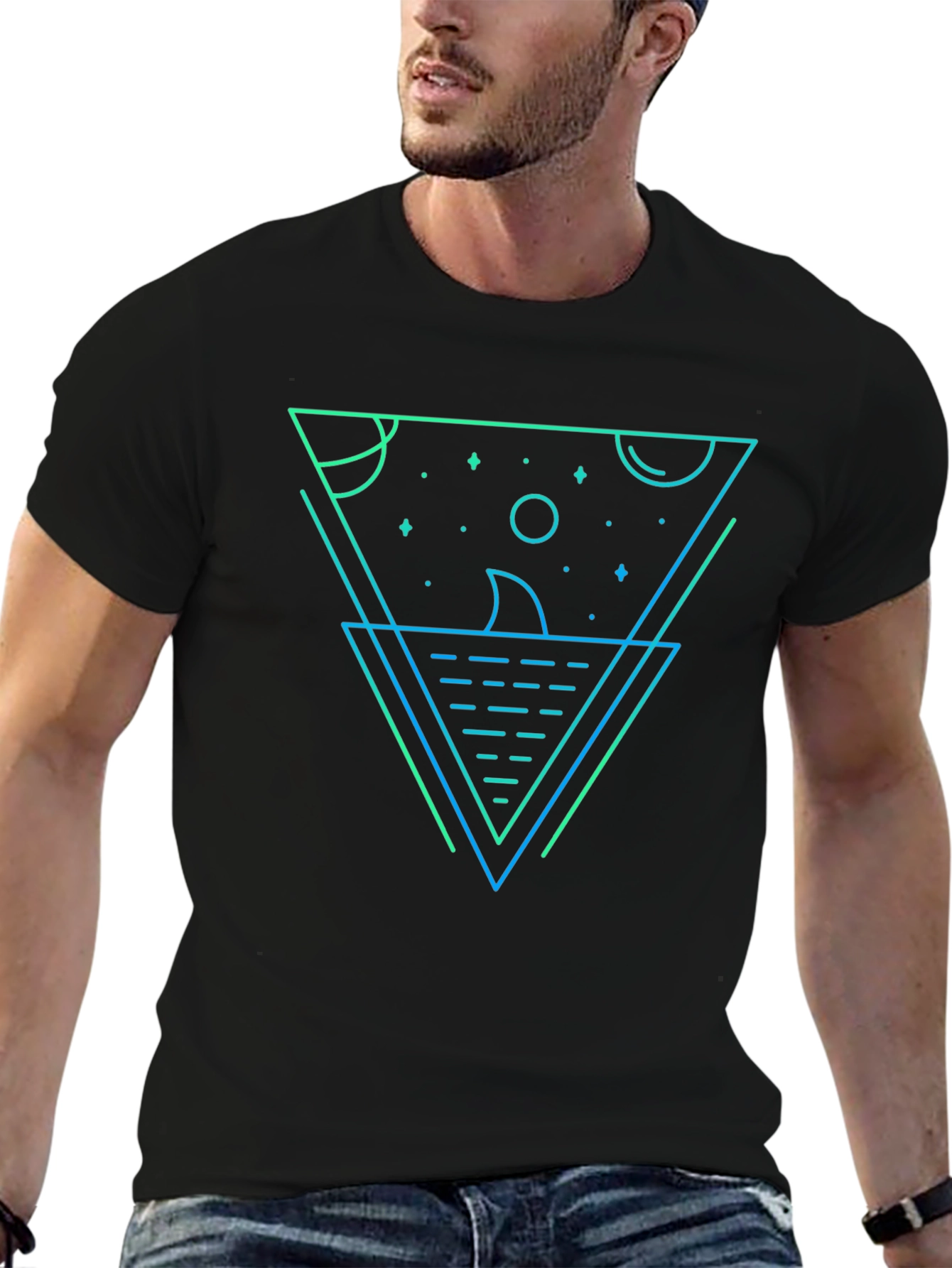 Black Geometric Shark Graphic Tee - Black Cotton Blend view 6