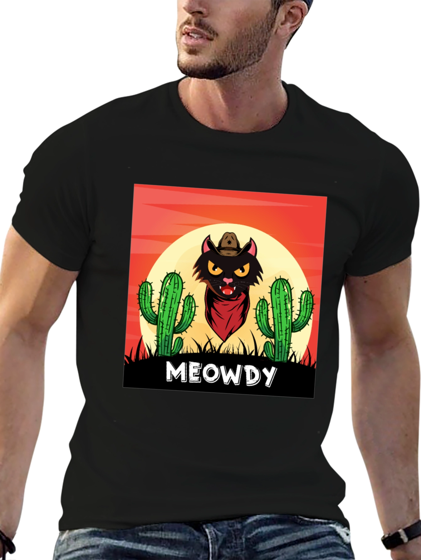 Black Meowdy Black Cat Cowboy Graphic T-Shirt view 6