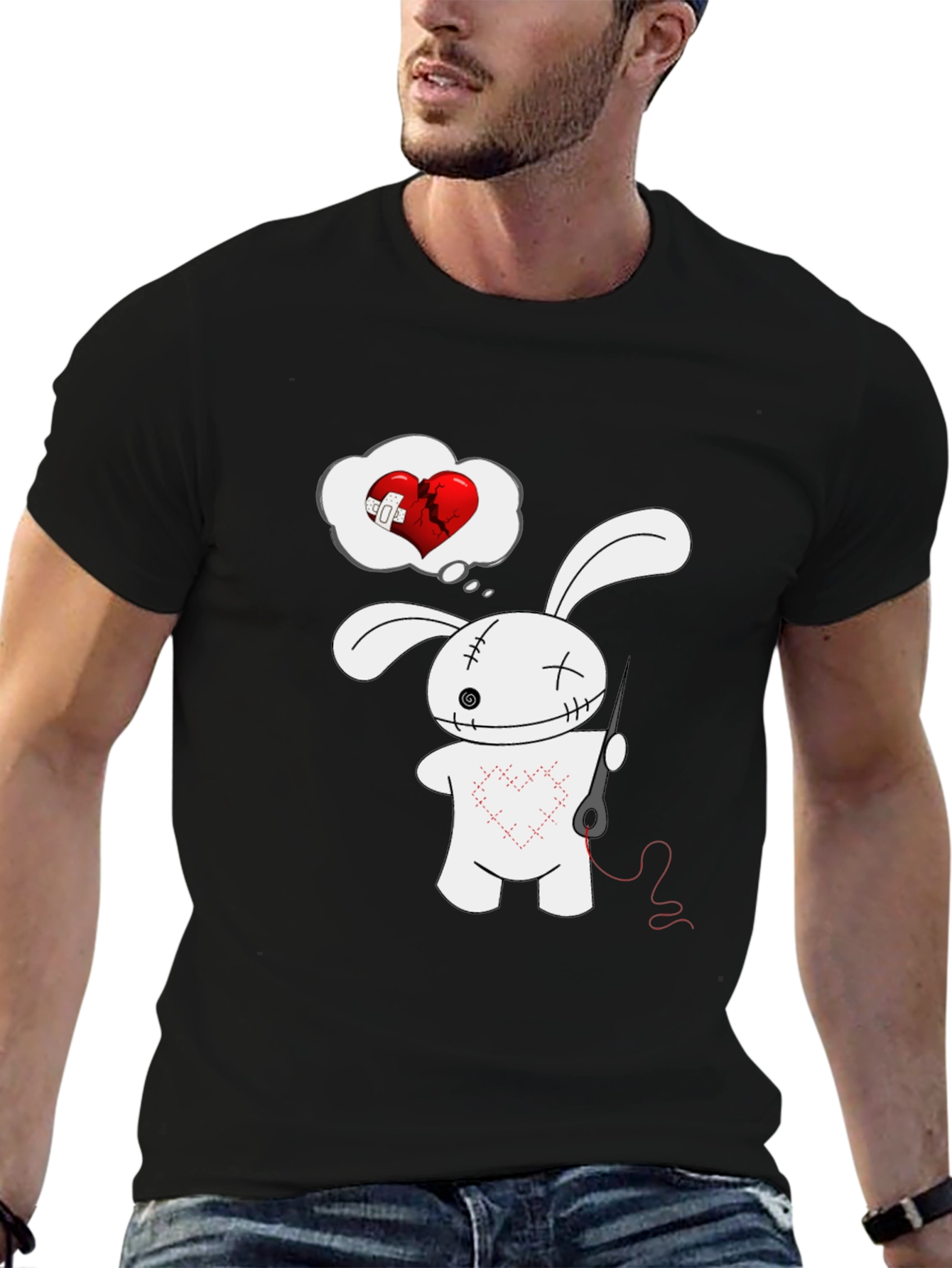 Black Stitched Heart Bunny Graphic Tee - Black Cotton Shirt view 6