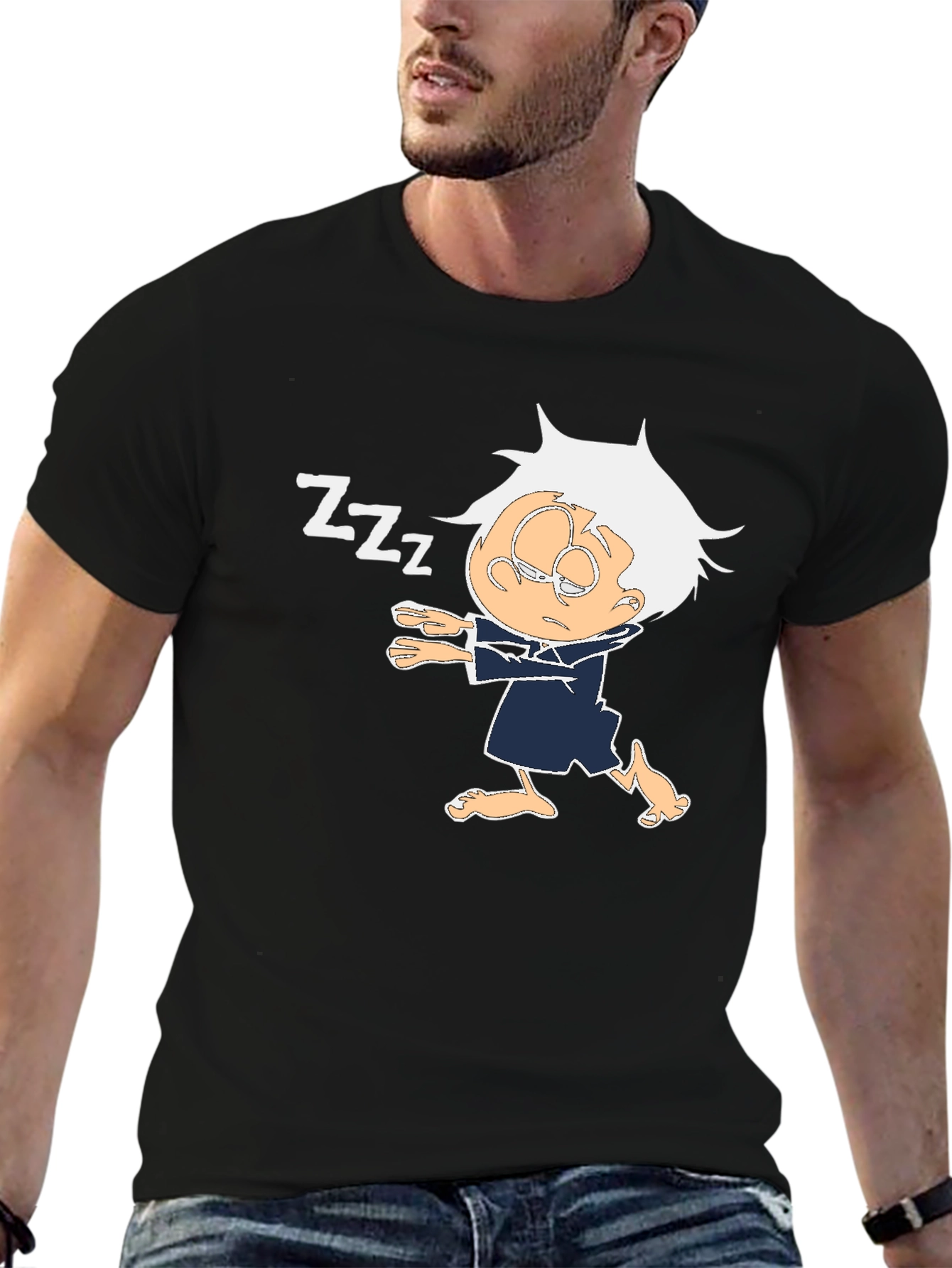Black Sleepy Cartoon Character Black T-Shirt view 6