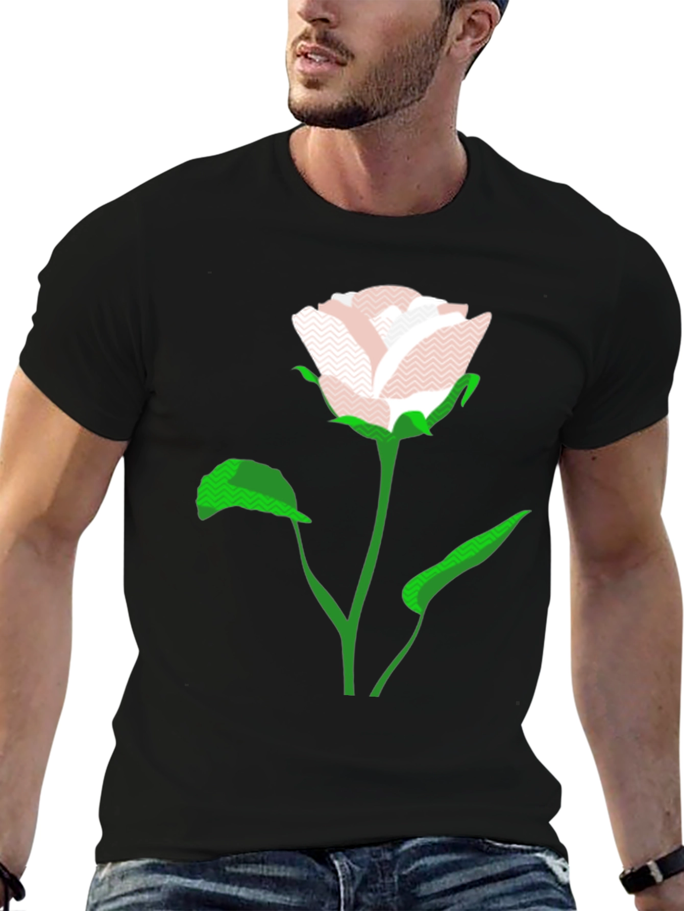 Black Modern Rose Graphic Black T-Shirt view 6