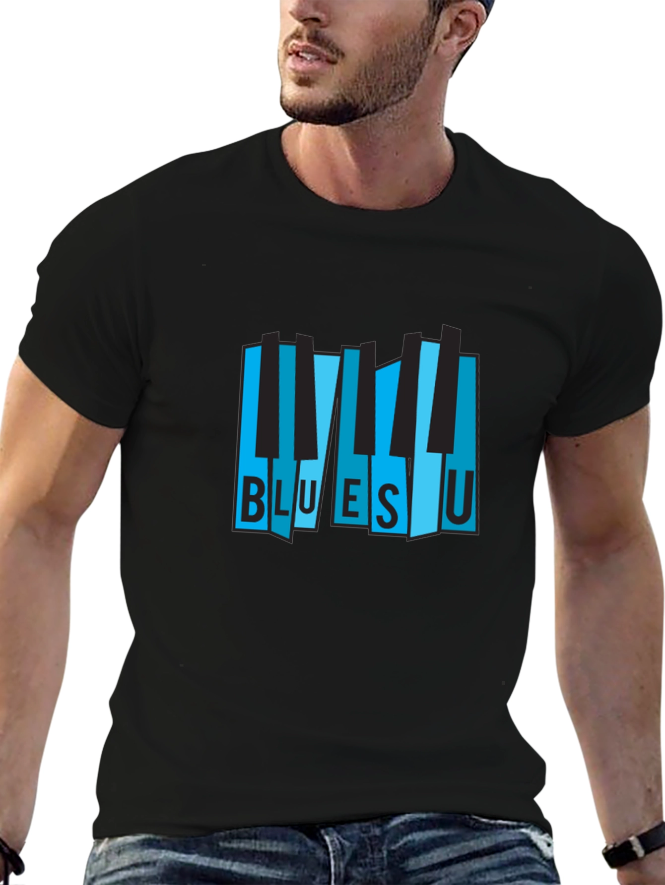 Black Blues U Piano Keys Graphic Black T-Shirt view 6