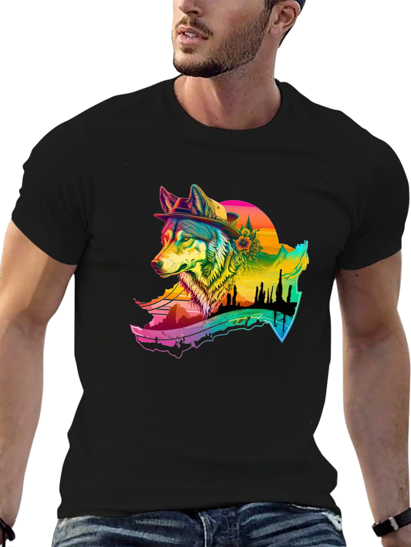 Black Wolf Graphic Black T-Shirt - Colorful Design view 6