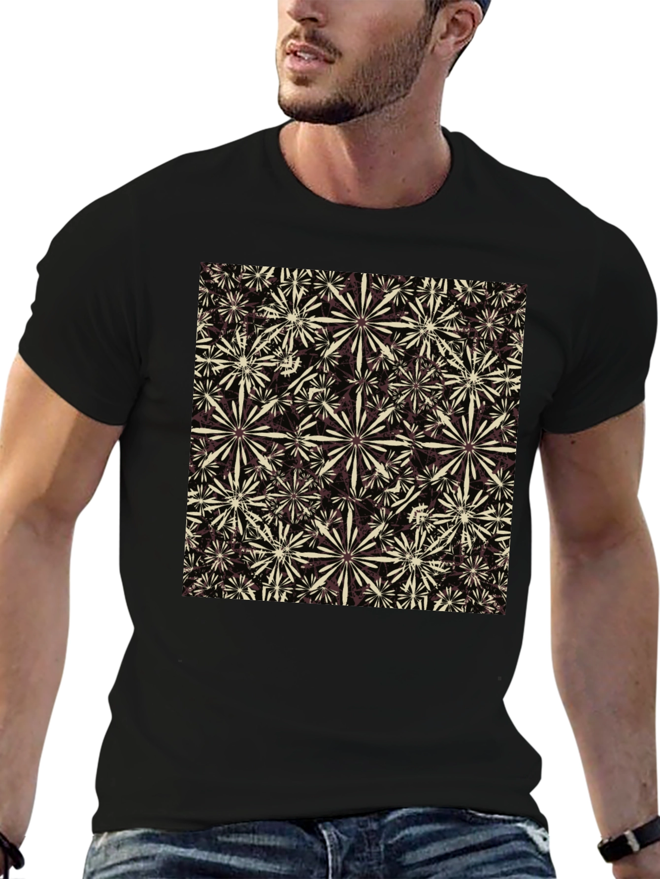 Black Floral Pattern Crew Neck T-Shirt view 6