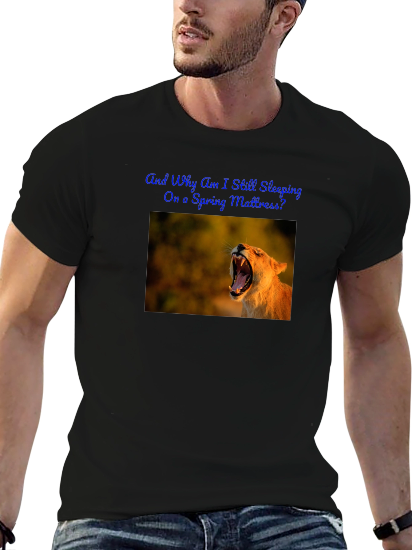 Black Lion Graphic Tee - 'Spring Mattress?' Humor Shirt view 6