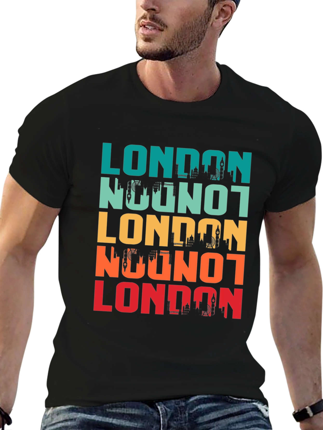 Black London Skyline Retro Graphic T-Shirt view 6