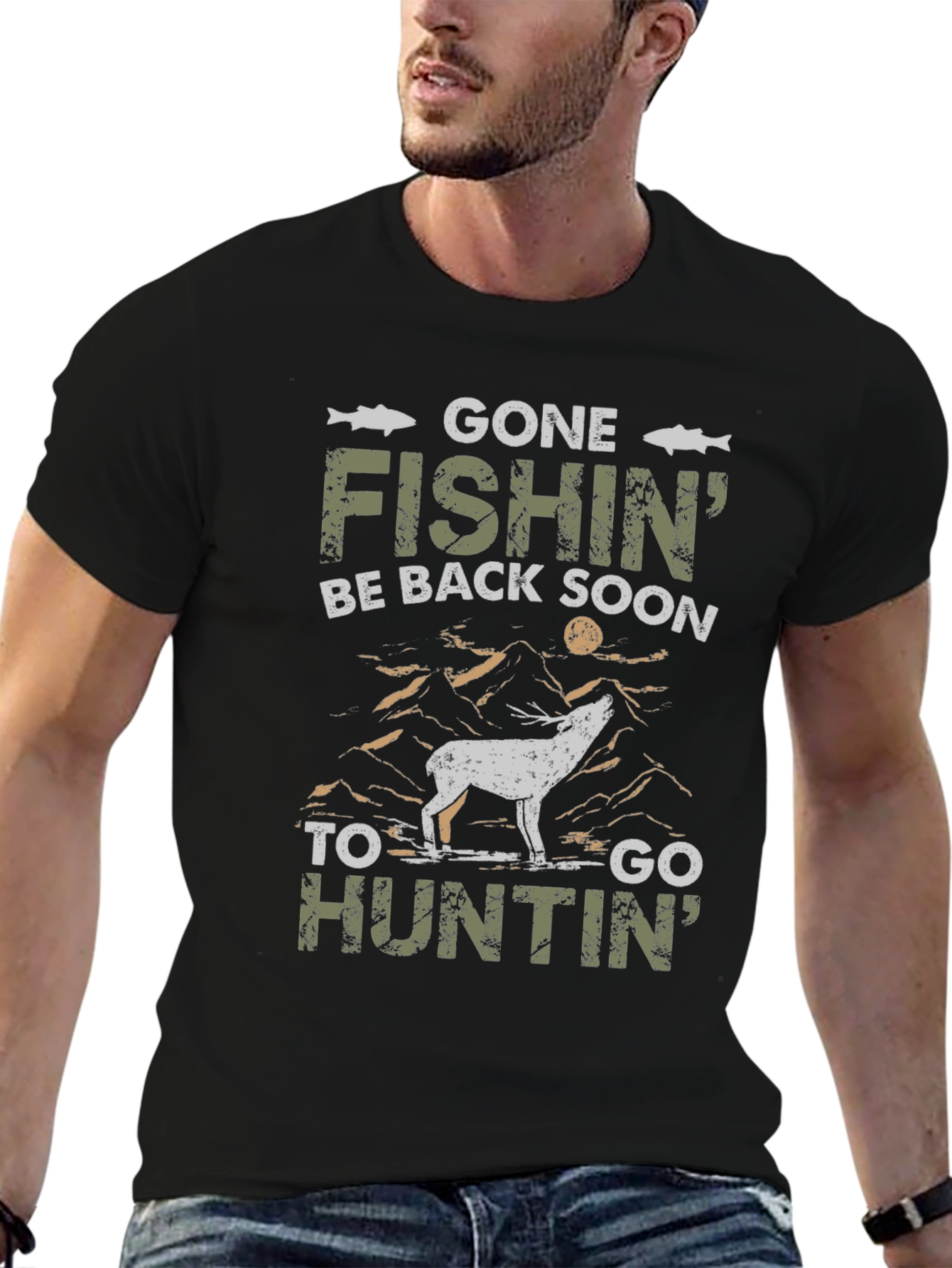 Black Gone Fishin' Huntin' T-Shirt view 6
