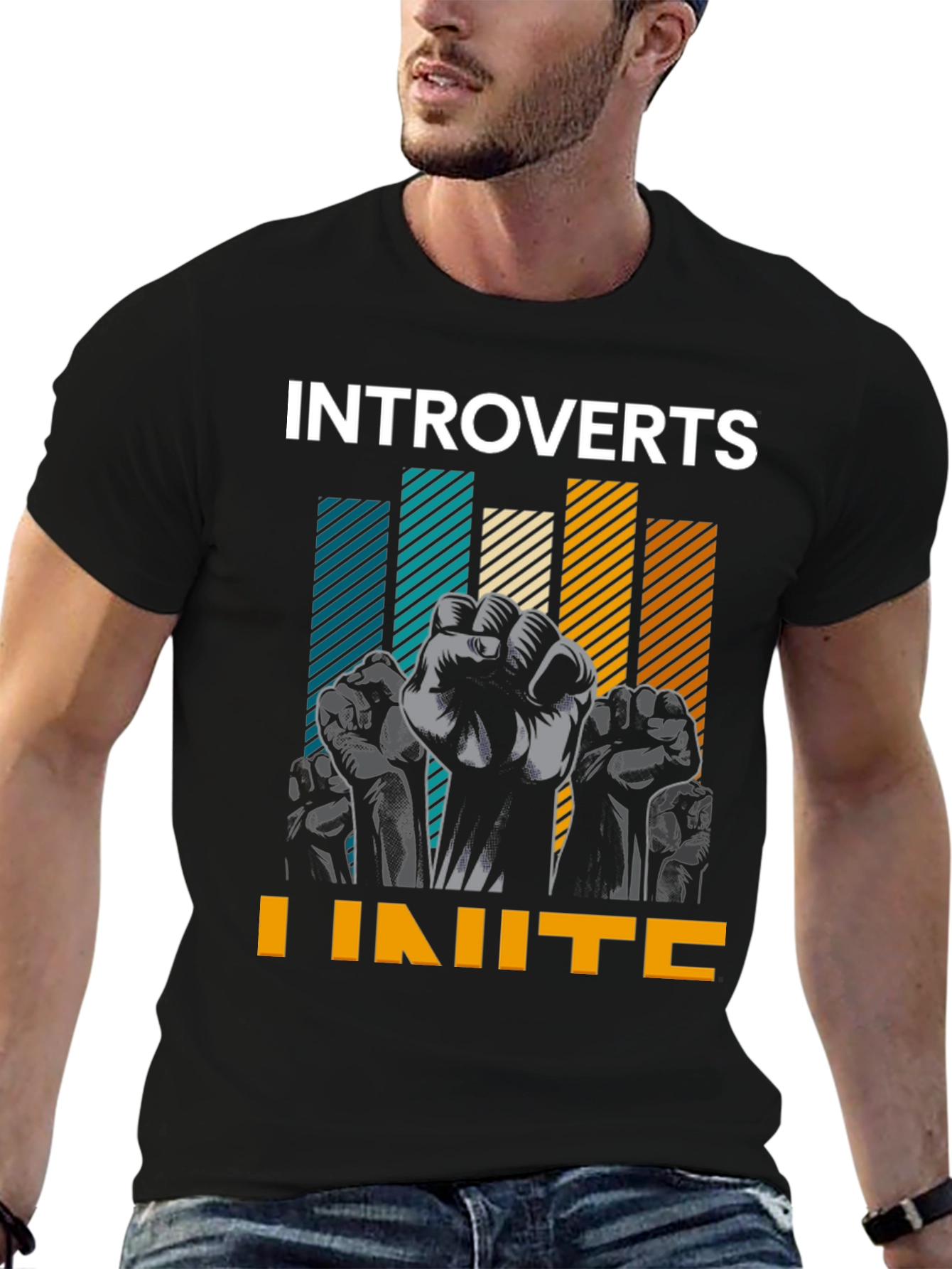 Black Introverts Unite Graphic Tee - Black Cotton T-Shirt view 6