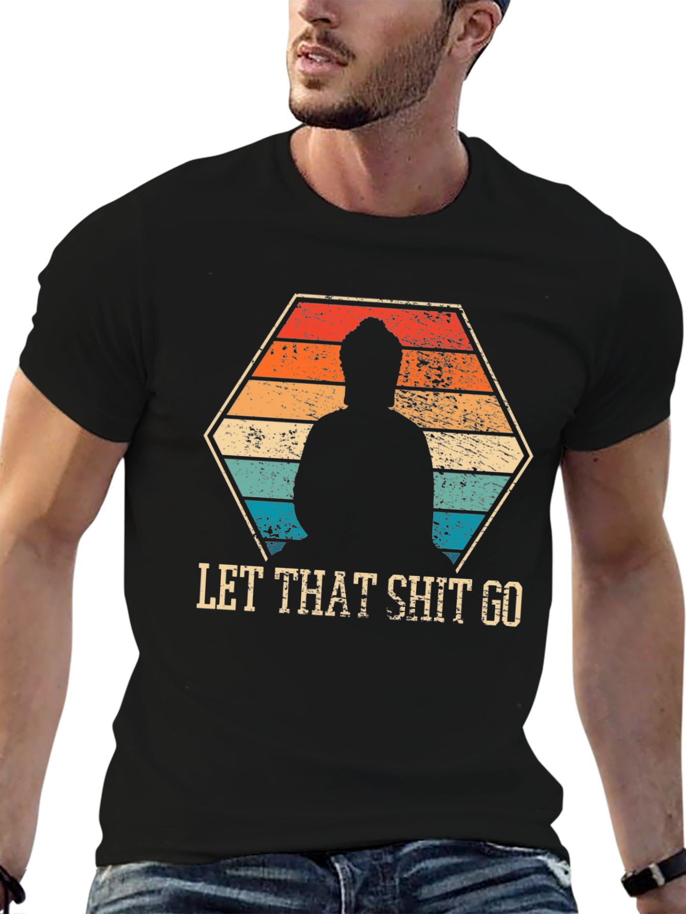 Black Let That Shit Go - Funny Zen Buddha T-Shirt view 6