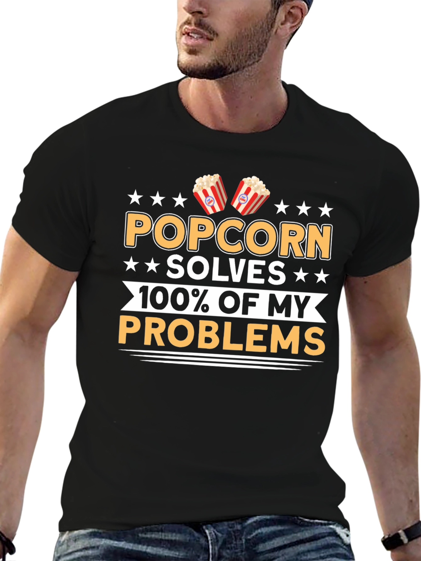 Black Popcorn Solves My Problems Funny T-Shirt view 6