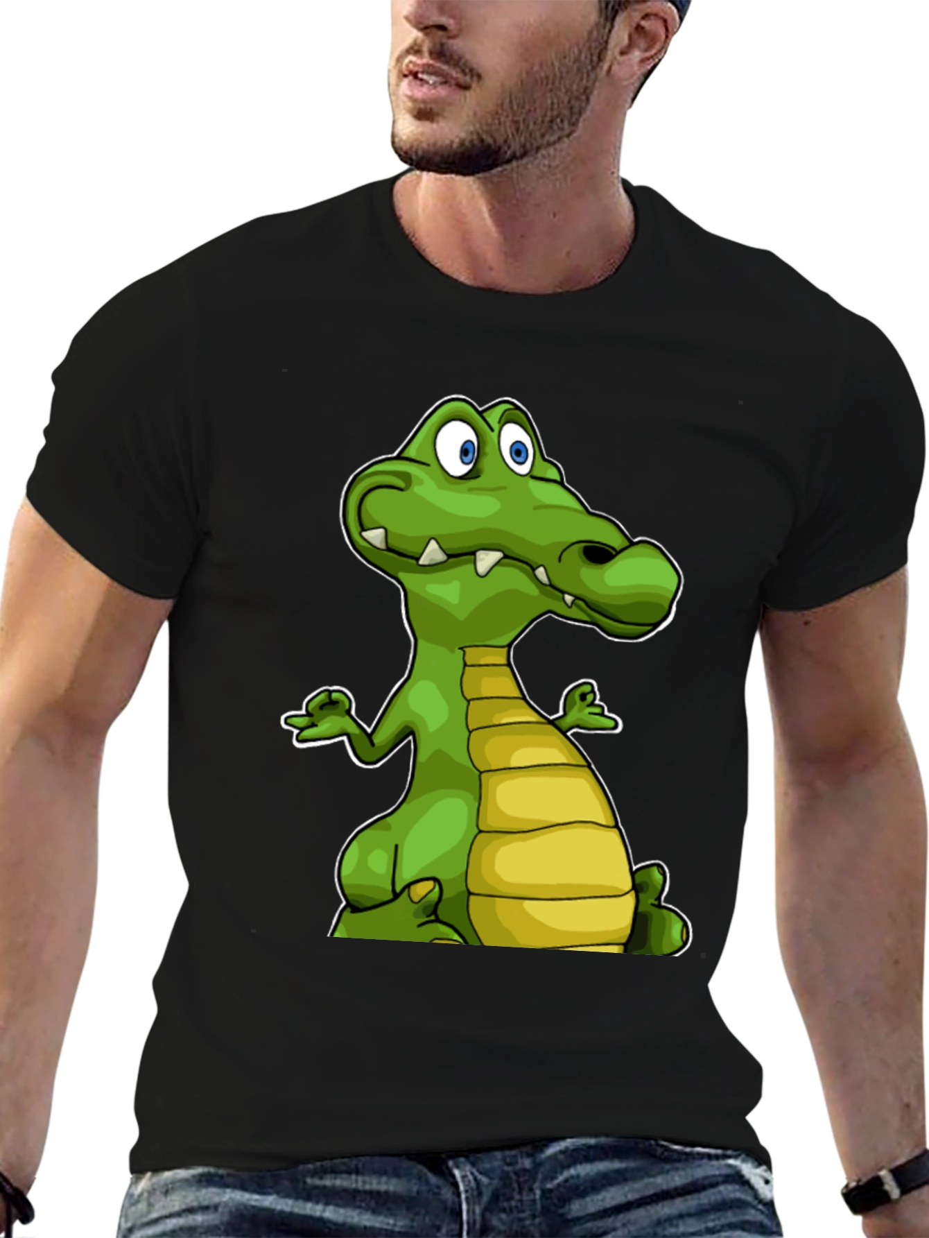 Black Cartoon Crocodile Graphic Tee - Black Cotton T-Shirt view 6