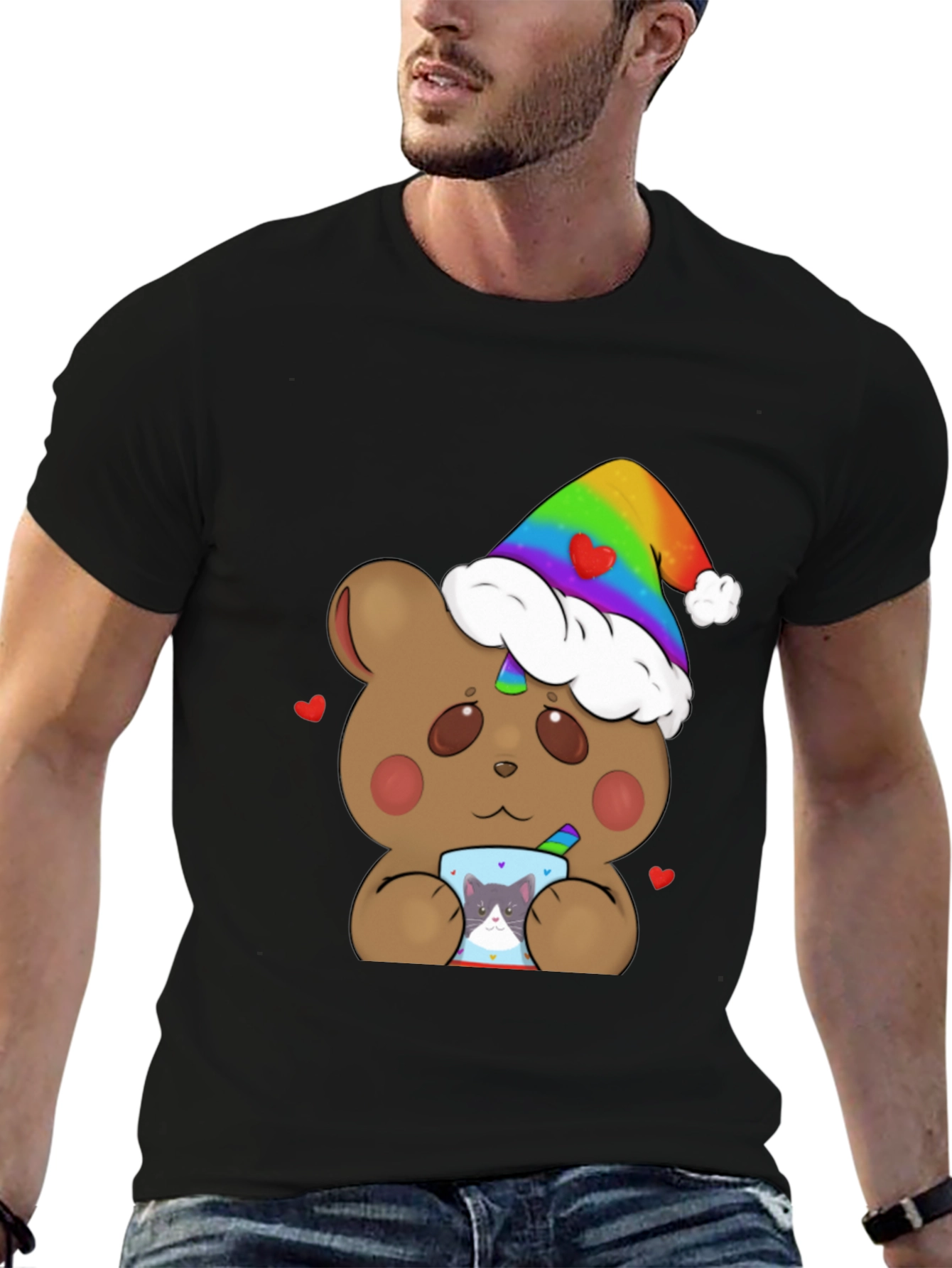 Black Bear with Rainbow Hat & Cat Mug T-Shirt view 6