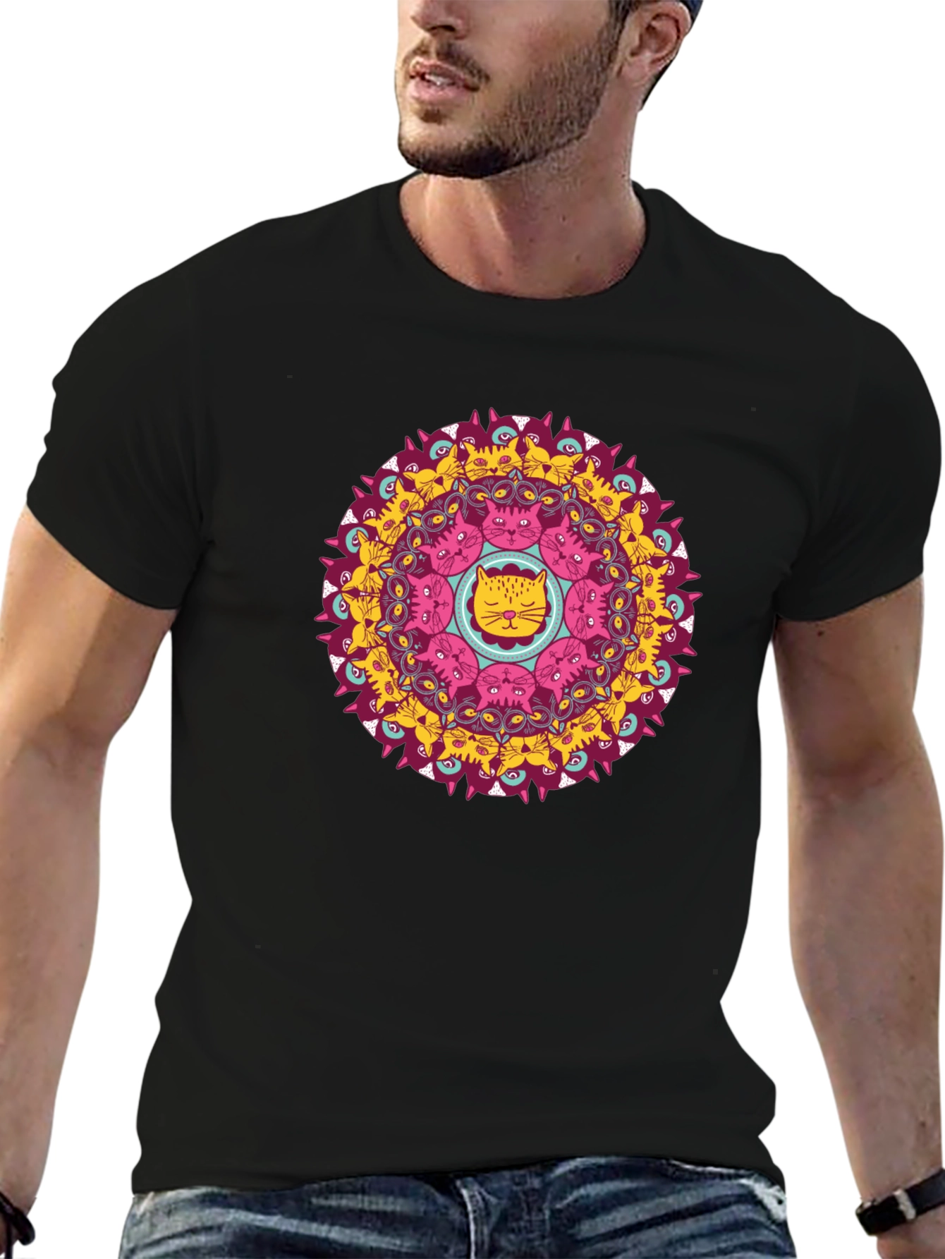 Black Cat Mandala Black T-Shirt - Unique Graphic Tee view 6