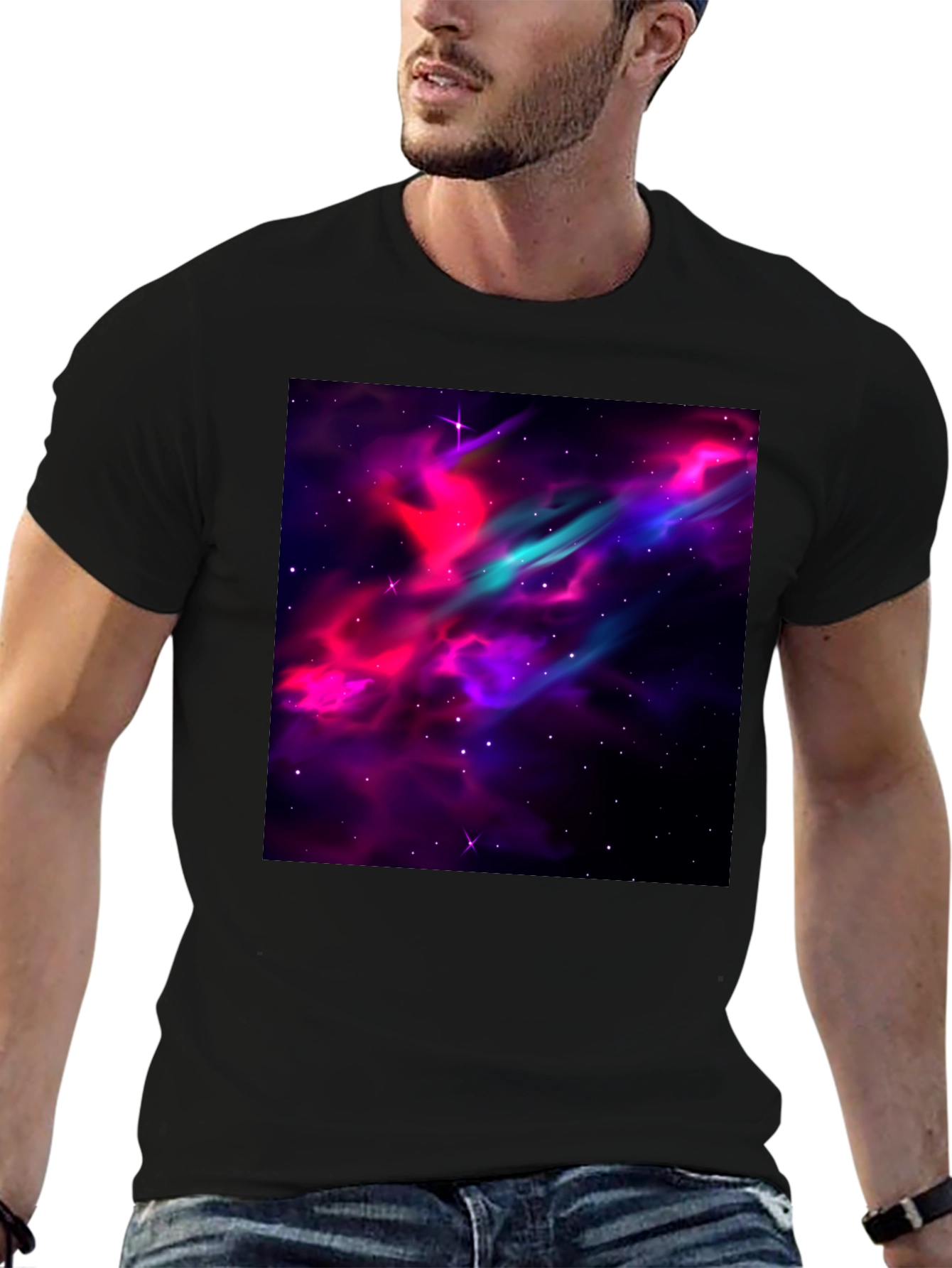 Black Galaxy Print Black T-Shirt - Men's Casual Tee view 6