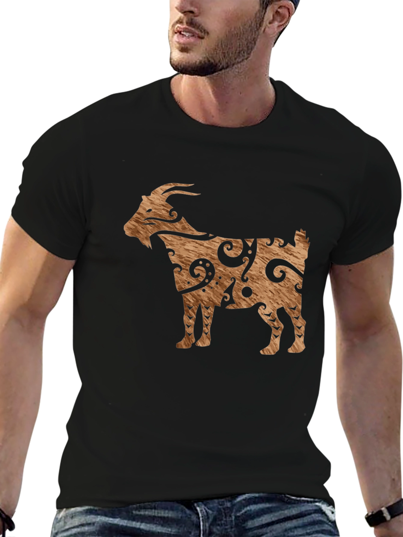 Black Tribal Goat Graphic Tee - Black Cotton Casual view 6