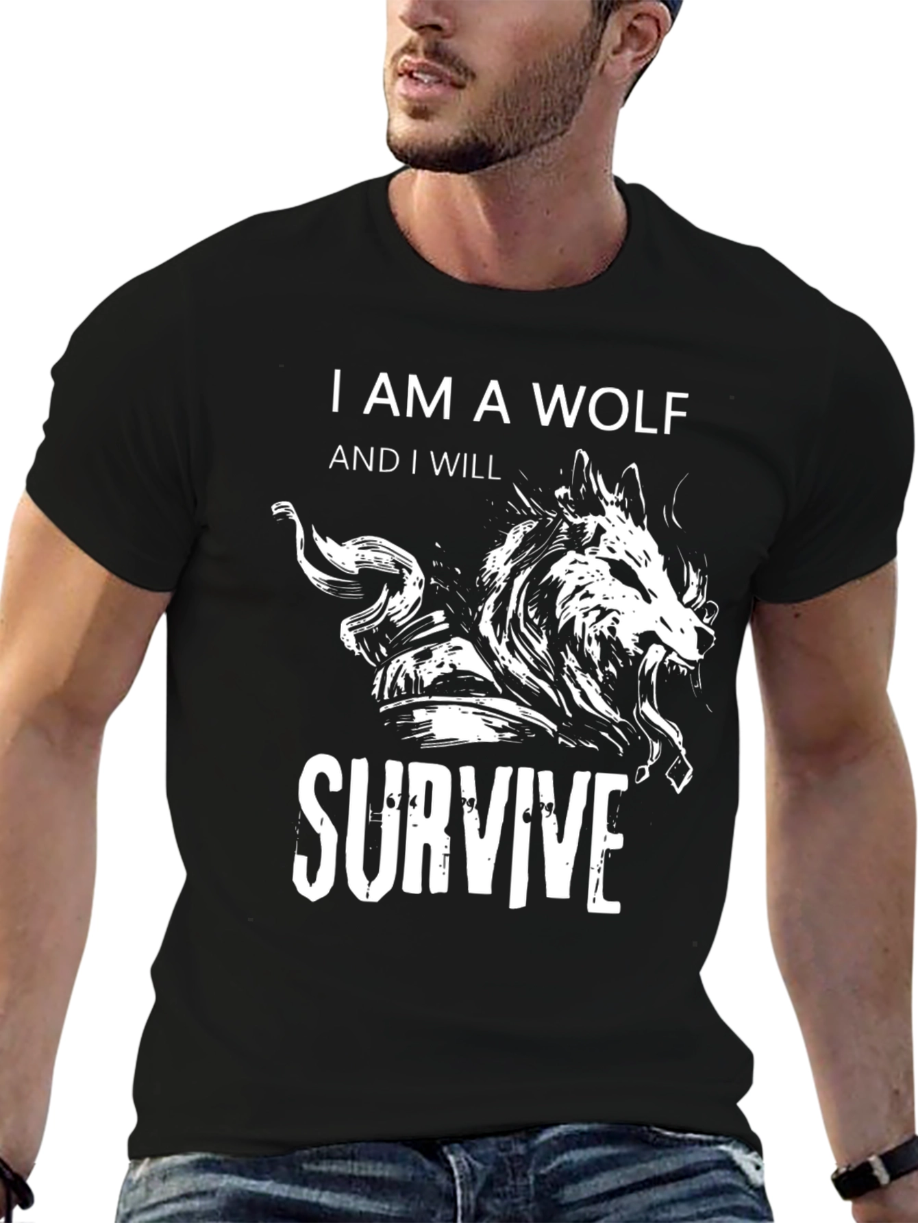 Black Wolf Survive Graphic Tee - Black Cotton T-Shirt view 6