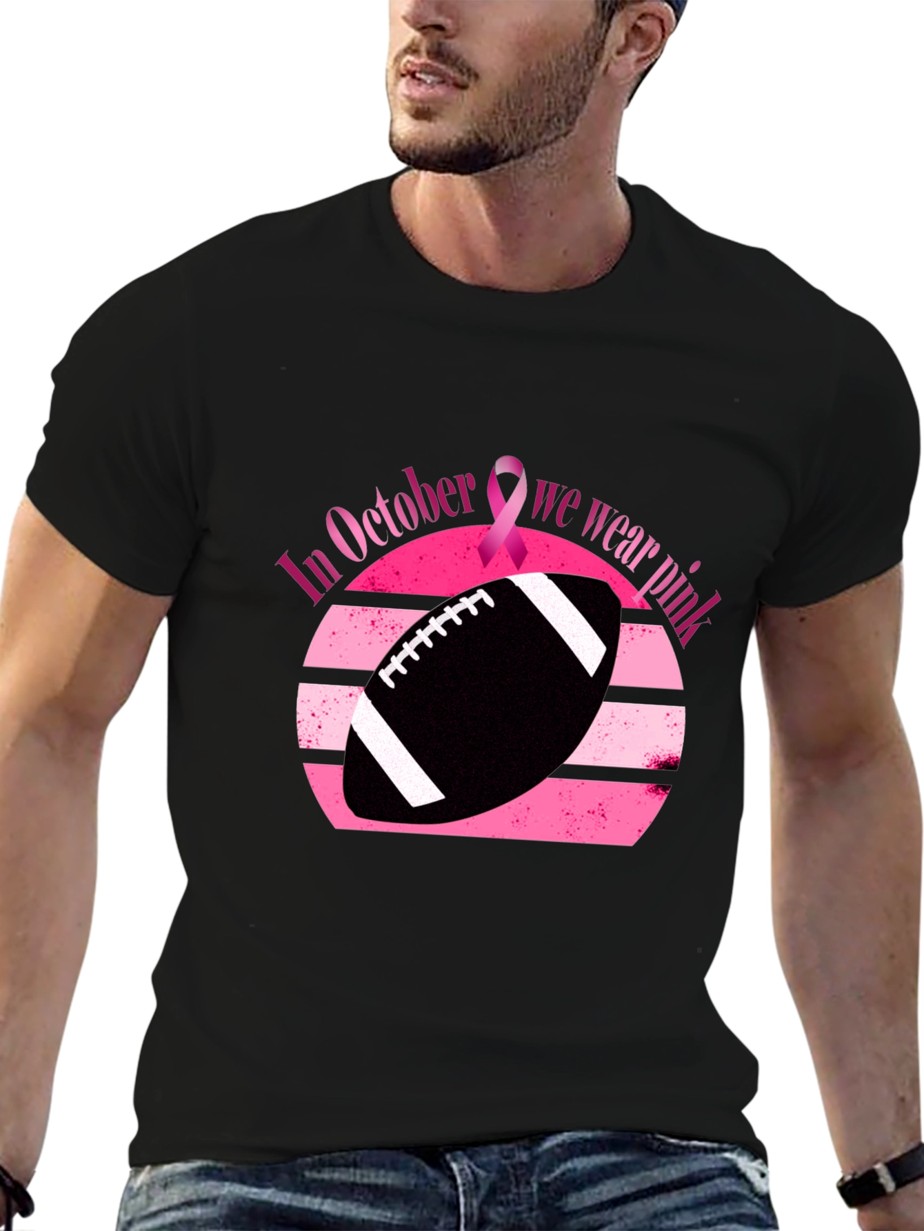 Black October Breast Cancer Awareness Football T-Shirt view 6