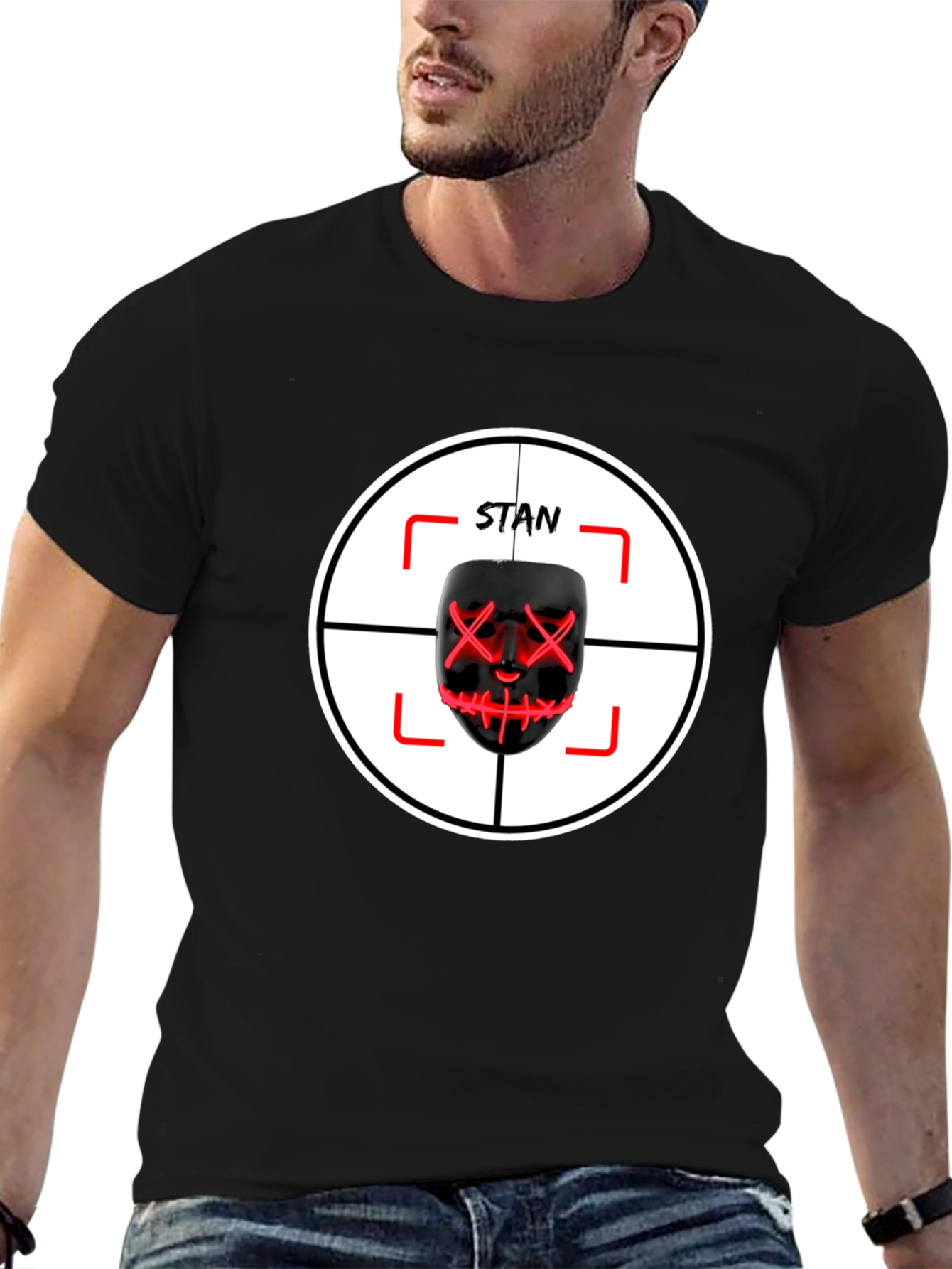 Black Stan Mask T-Shirt: Target Design - Unique Fan Apparel view 6