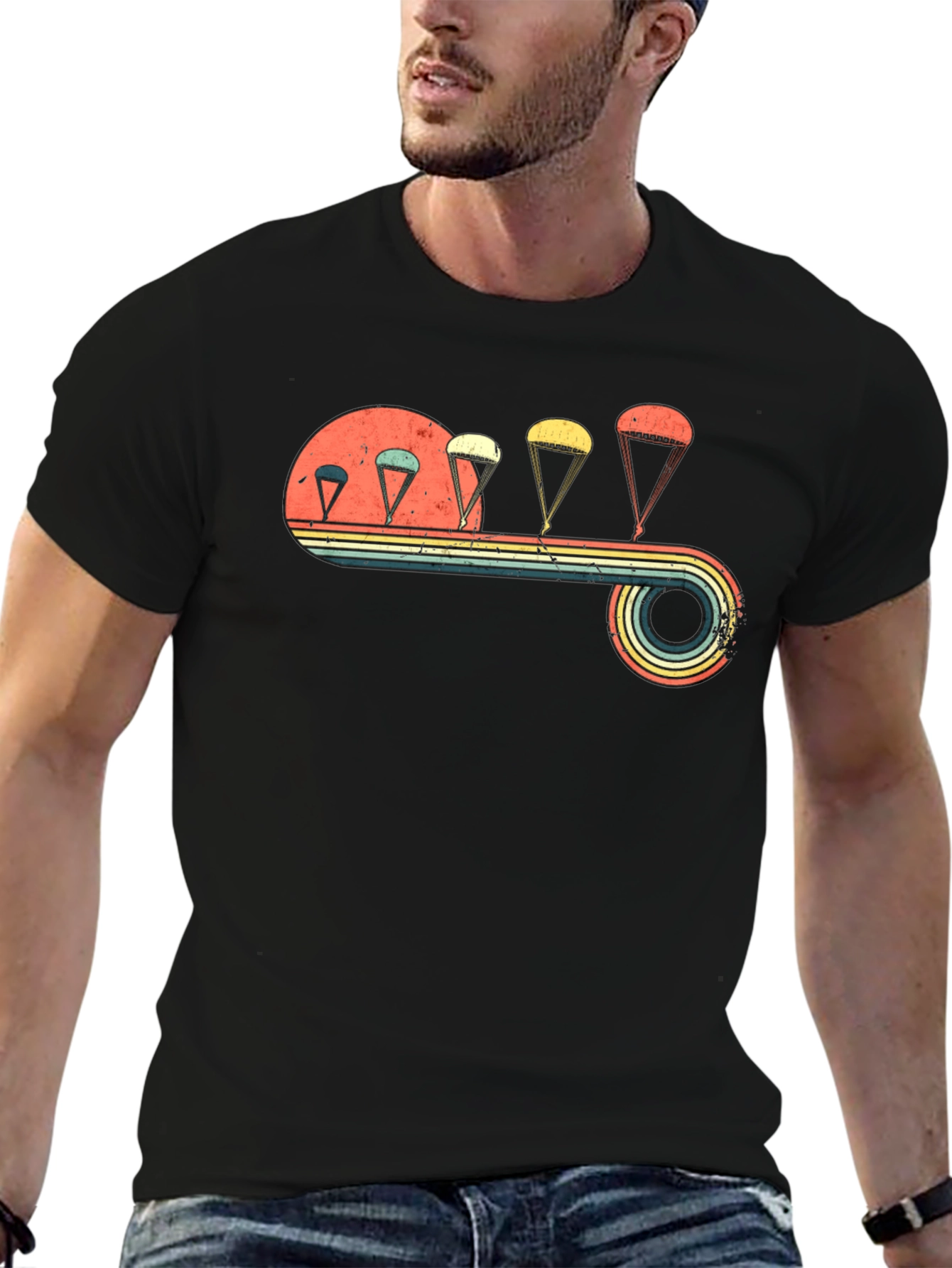 Black Vintage Parachute T-Shirt - Retro Skydiving Design view 6