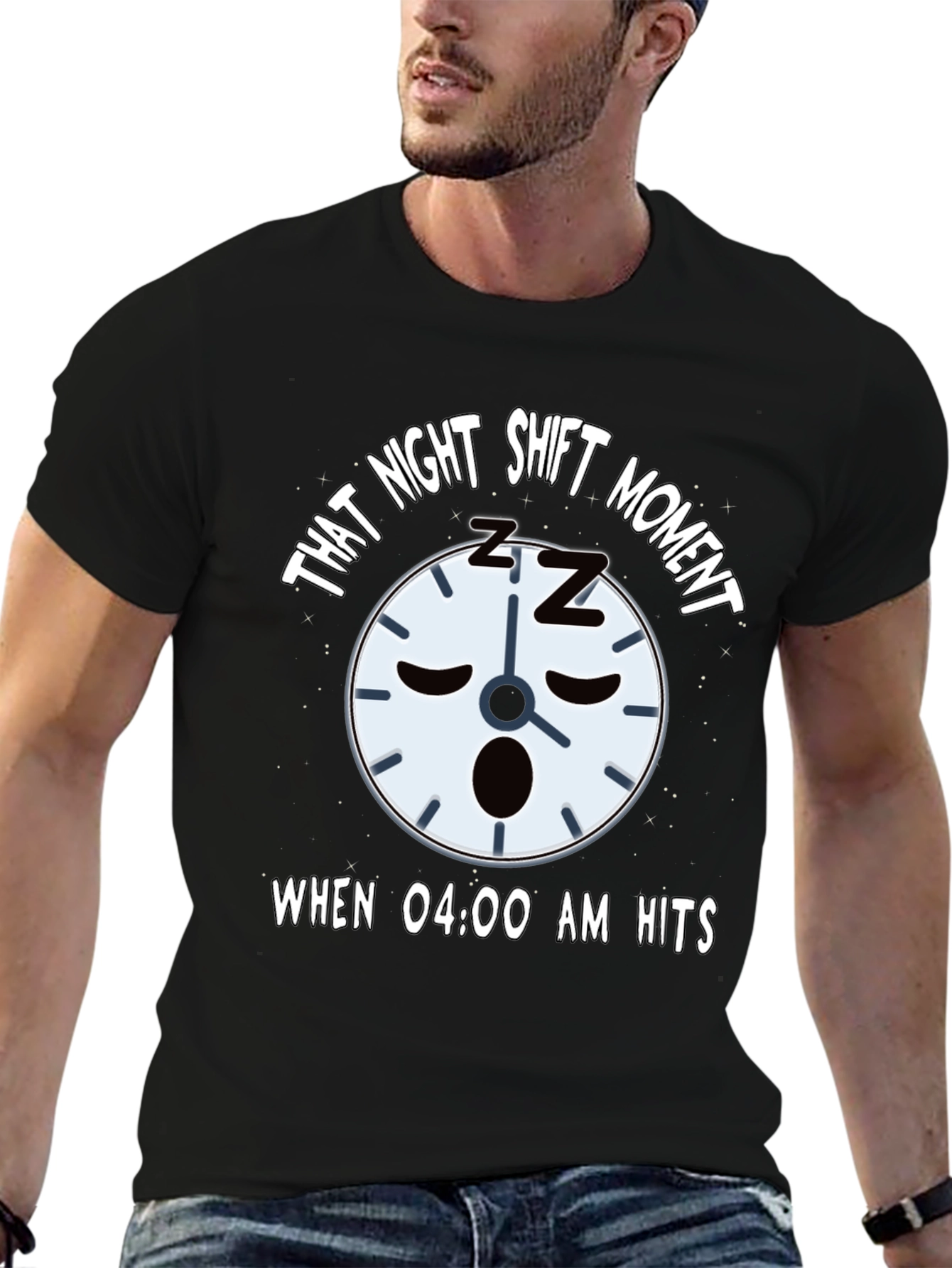 Black Night Shift Sleepy Clock T-Shirt view 6