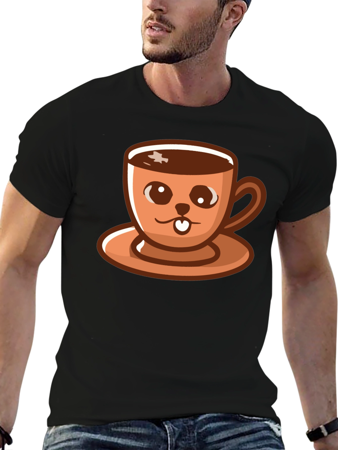 Black Cute Coffee Cup Cartoon T-Shirt view 6