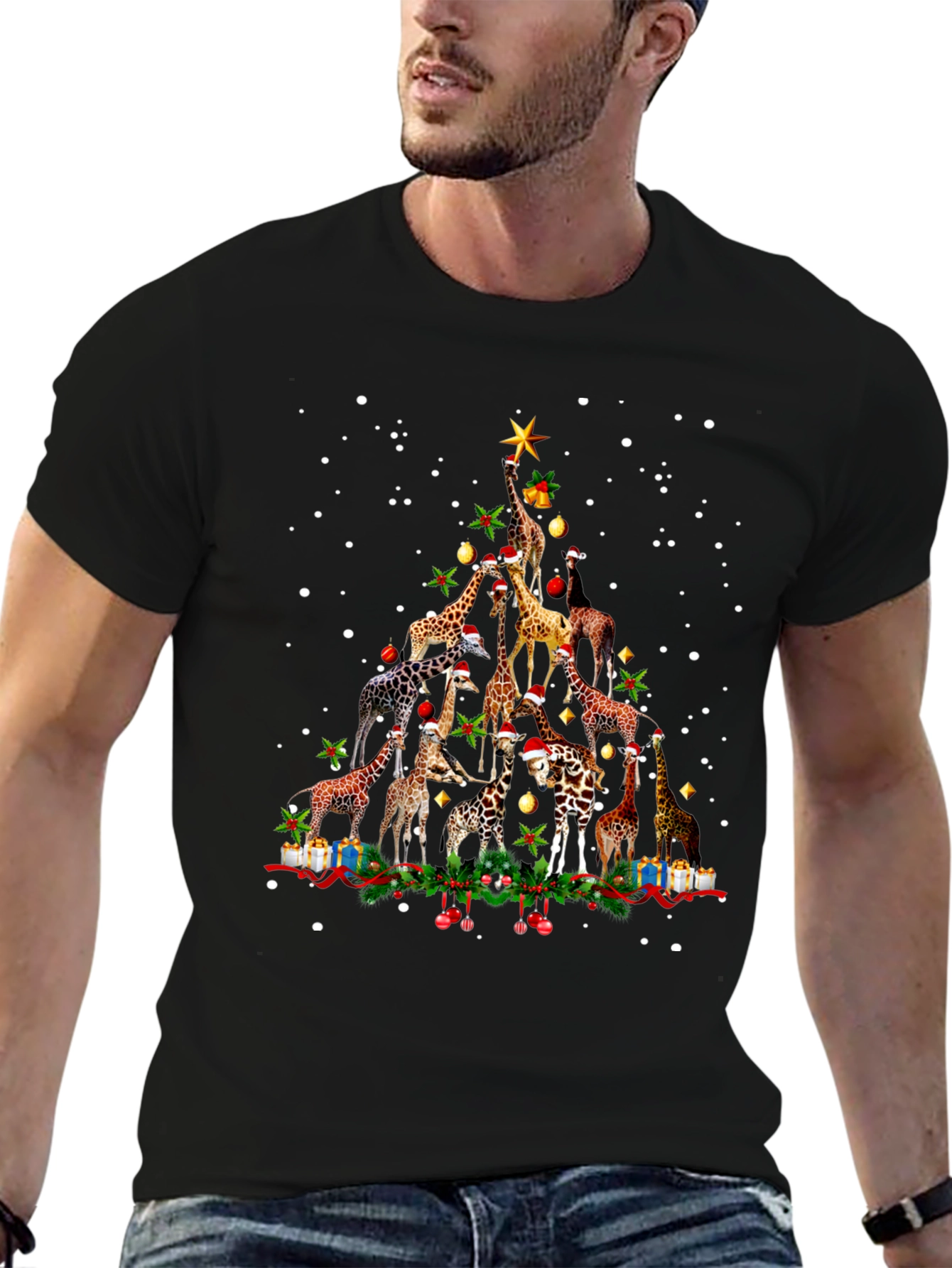 Black Giraffe Christmas Tree Crew Neck T-Shirt view 6