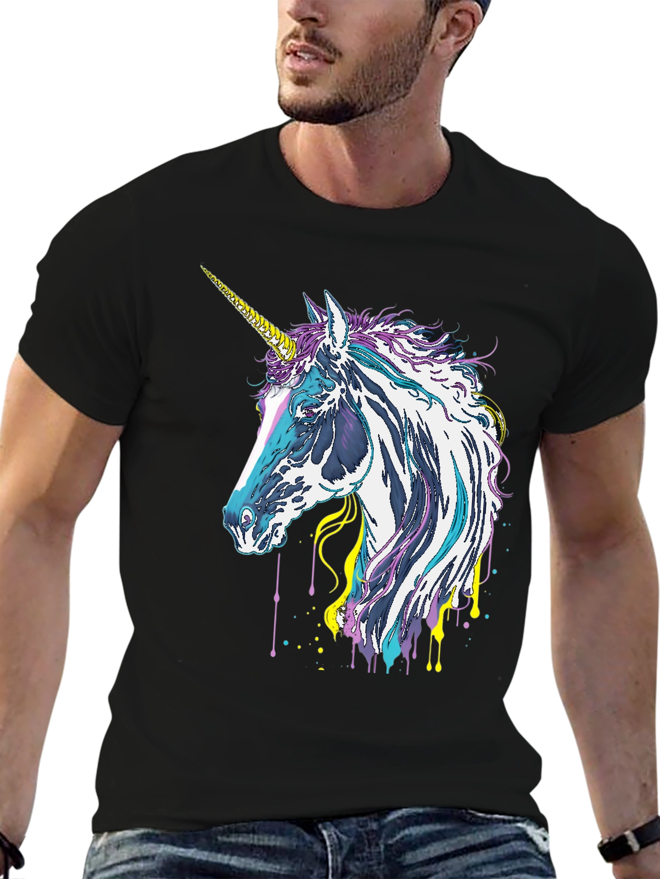 Black Unicorn Graphic Tee - Black Cotton Casual Shirt view 6