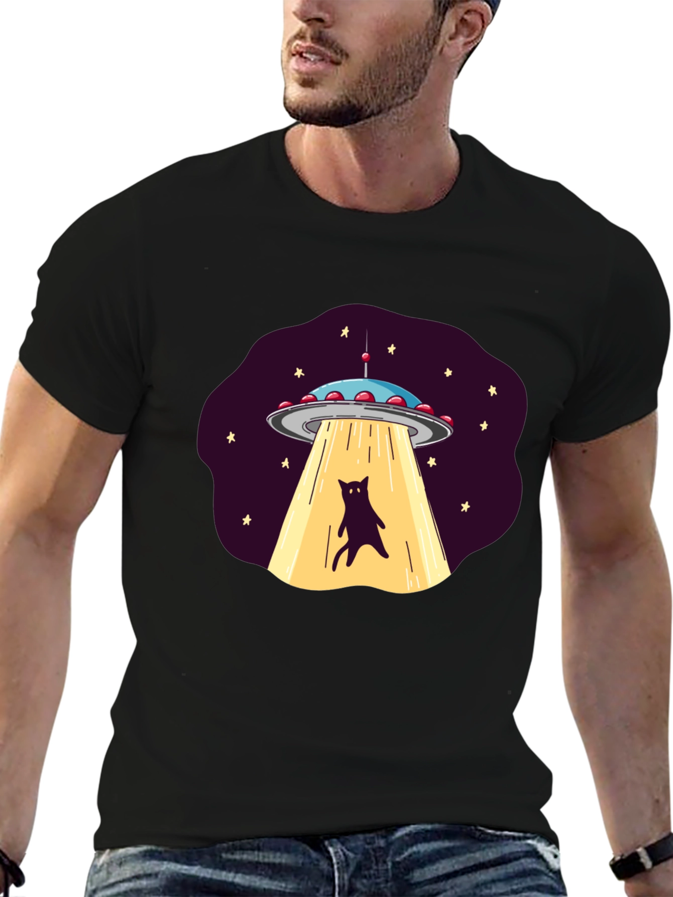 Black Alien Cat Abduction Graphic Tee view 6