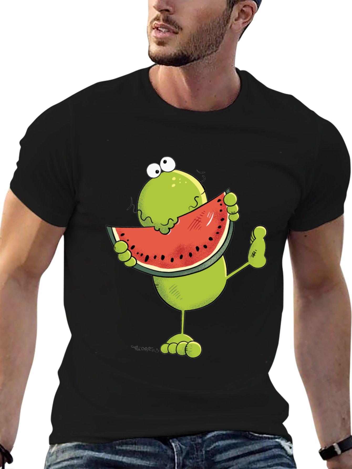Black Frog Eating Watermelon Funny Graphic T-Shirt view 6