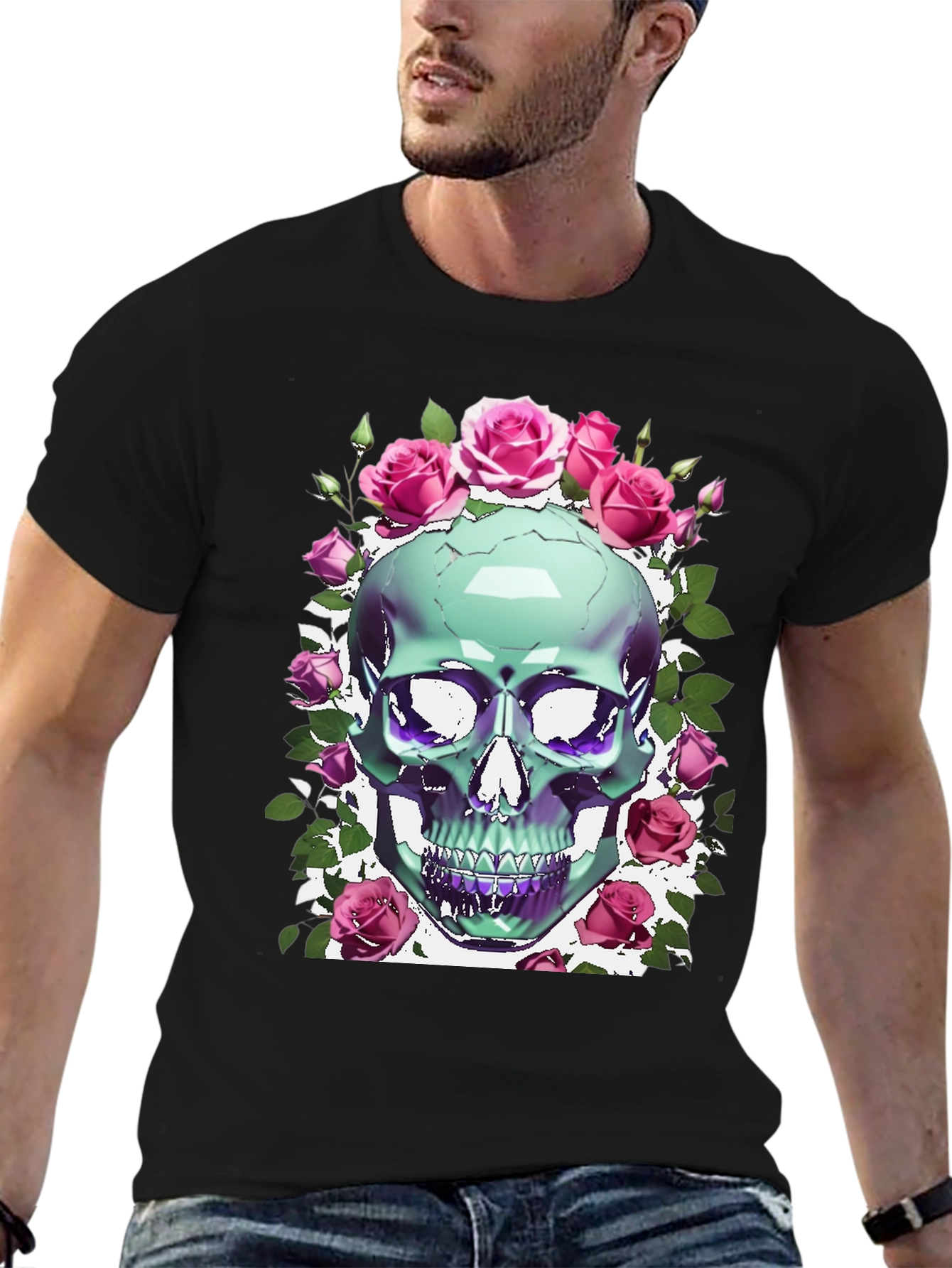 Black Skull & Roses Graphic Tee view 6