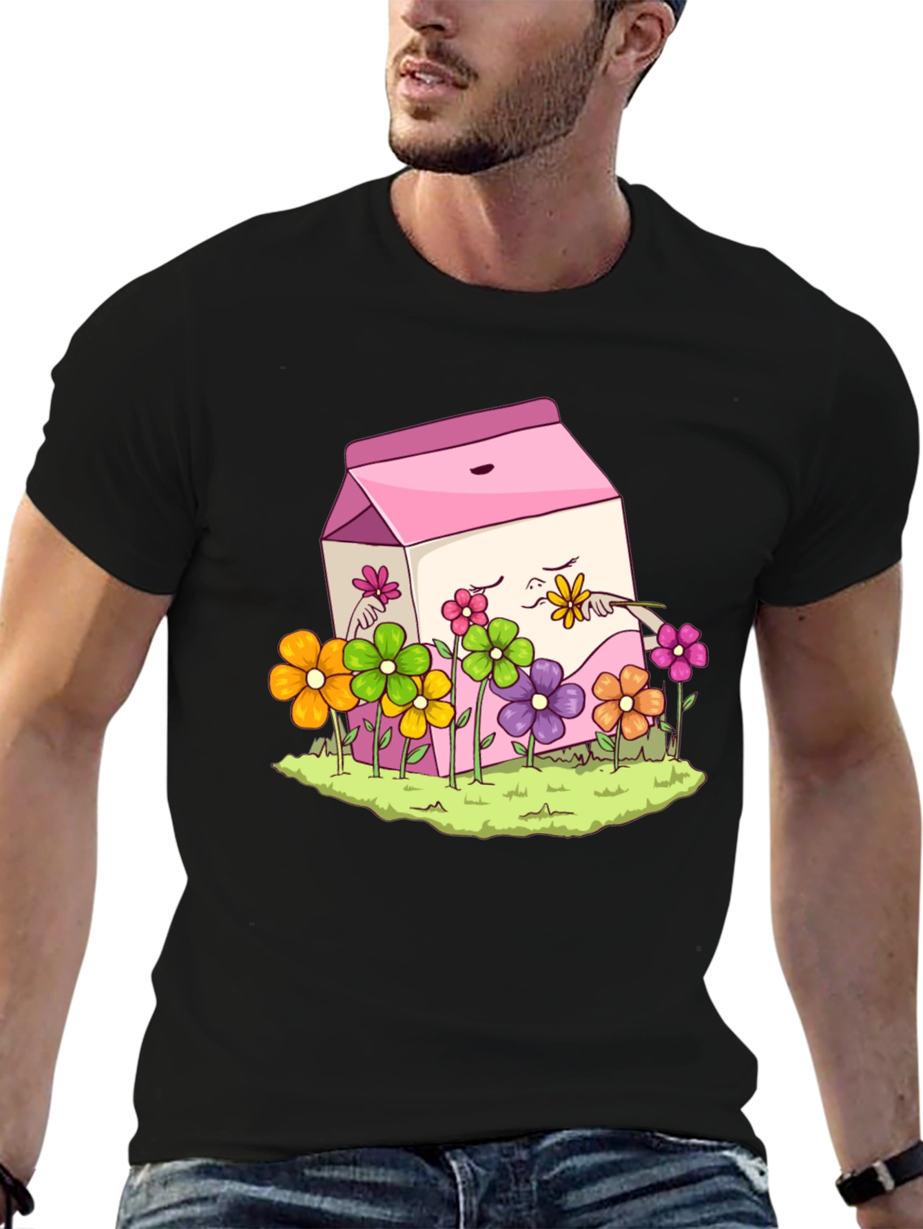 Black Cute Milk Carton & Flowers Graphic Tee view 6