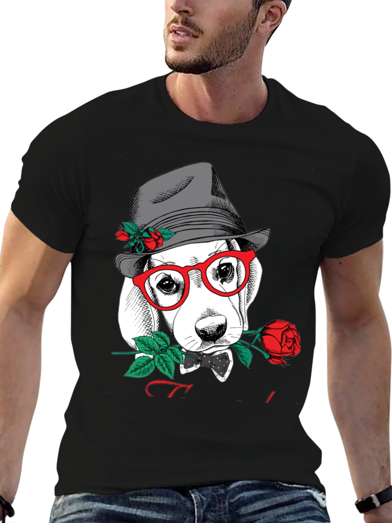 Black Dog with Rose Graphic T-Shirt - Stylish Men's Tee view 6
